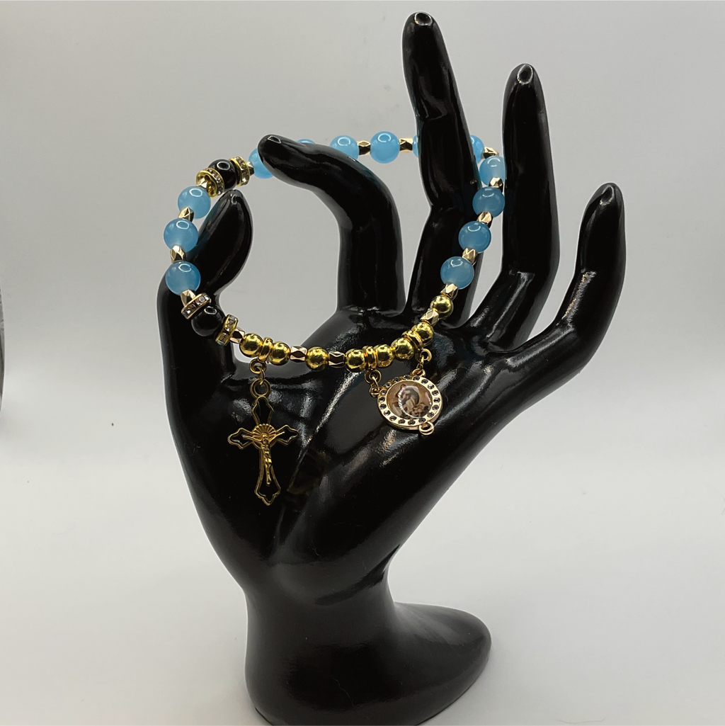 Powder Blue Black 1 Decade Gold Rosary Bracelet