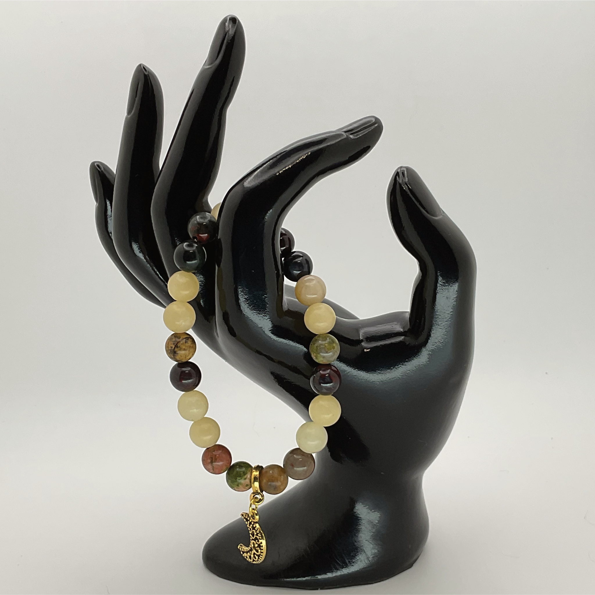 Pulsera de cuarzo verde, serpentina amarilla, unakita y dije de luna