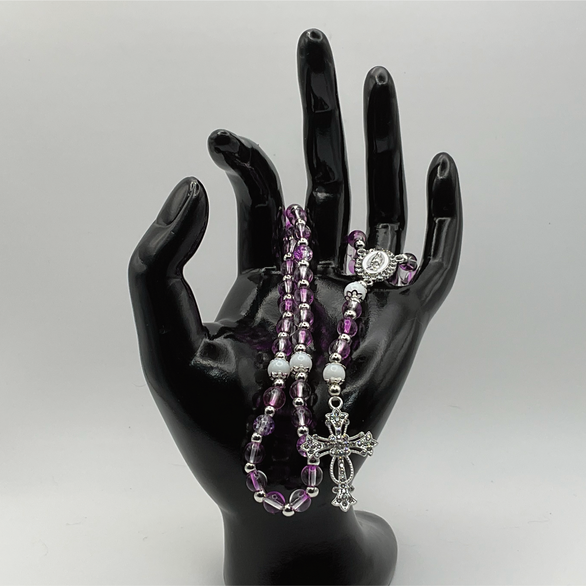Purple White Small Full 5 Decade Silver Rosary