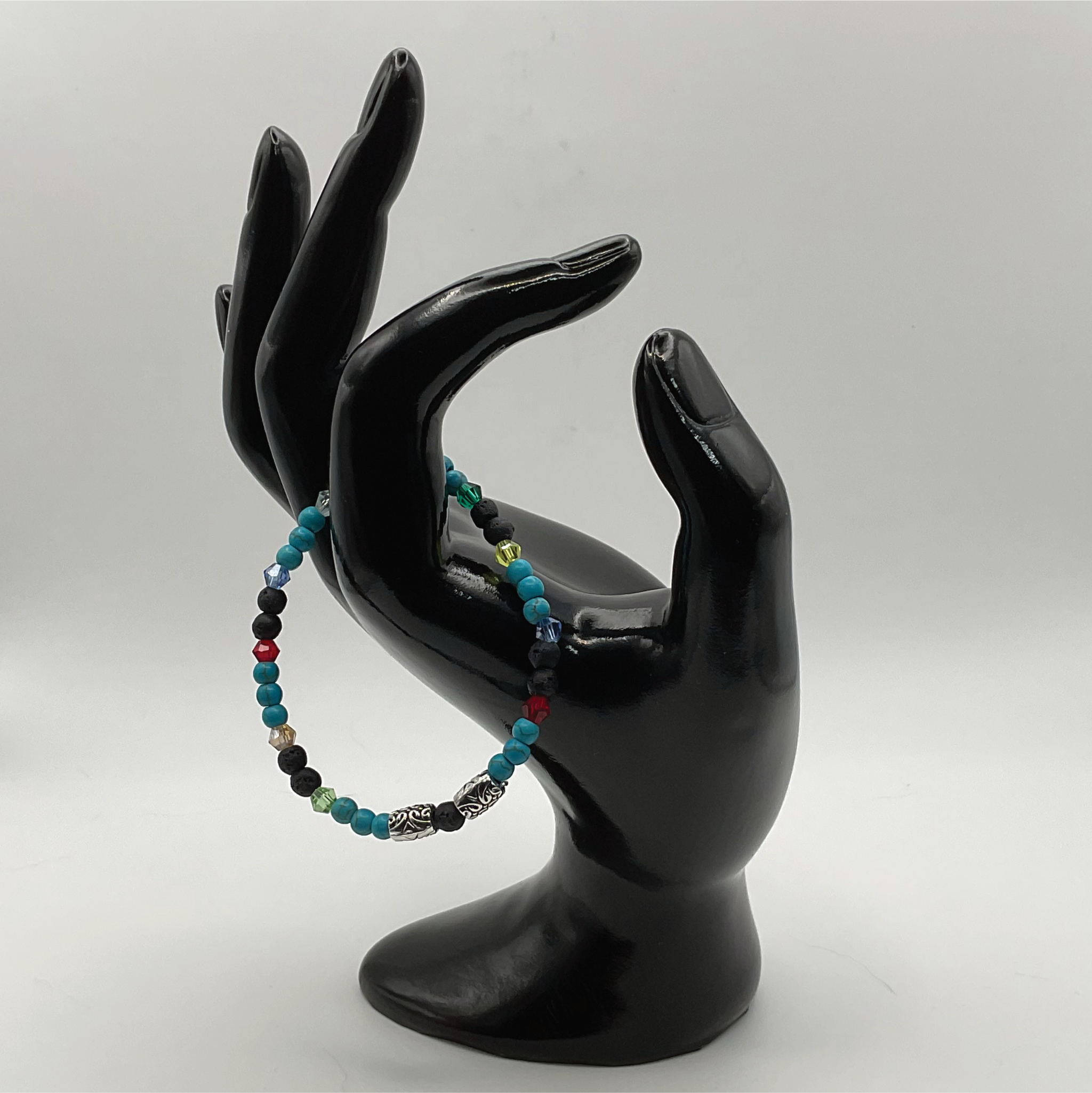 14.5 cm (5.7") Blue Howlite Black Agate Silver Barrel Bracelet with Multi Colored Crystal Spacers