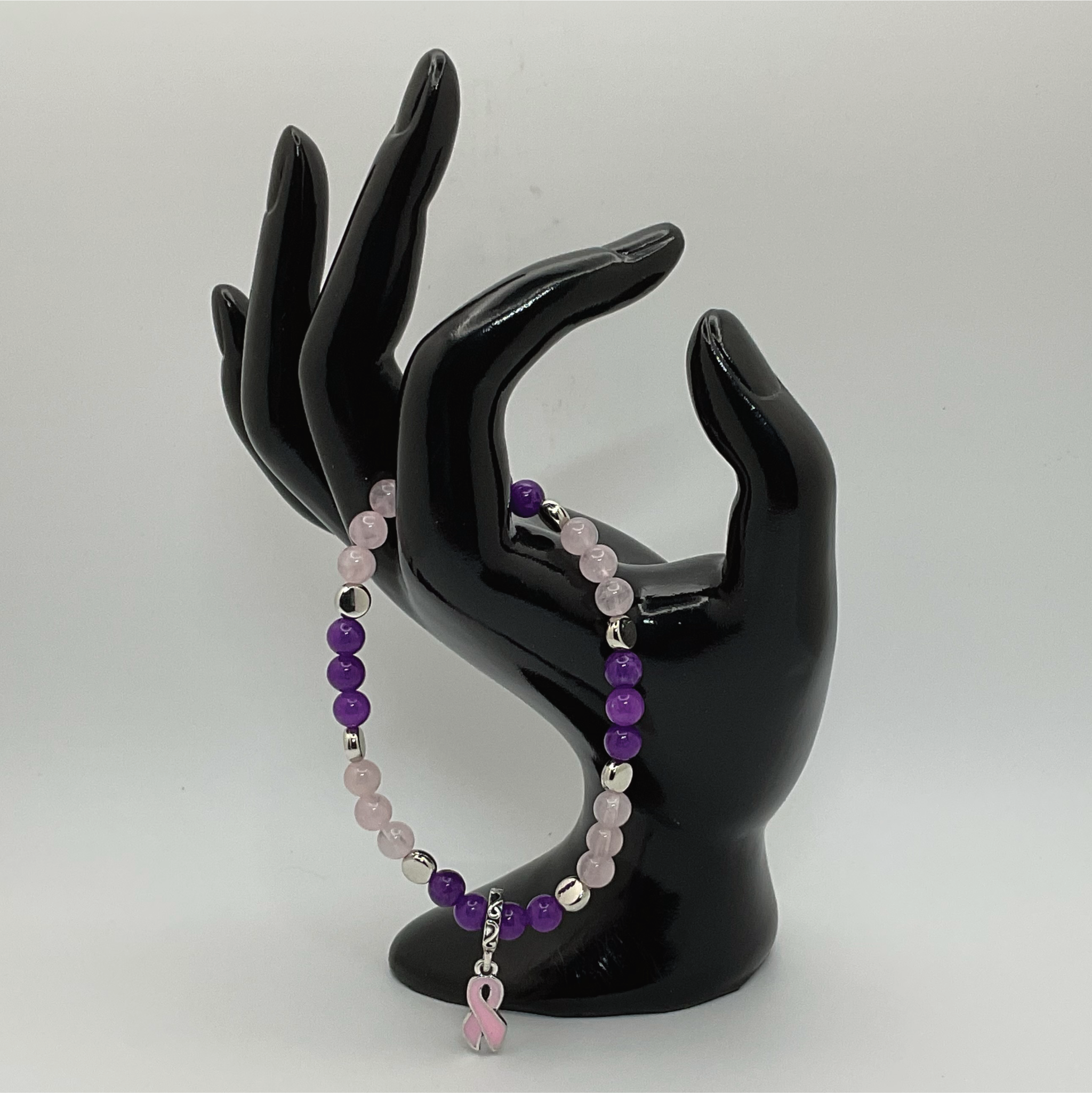 Rose Quartz Amethyst Breast Cancer Ribbon Charm Bracelet with Silver Disc Spacers