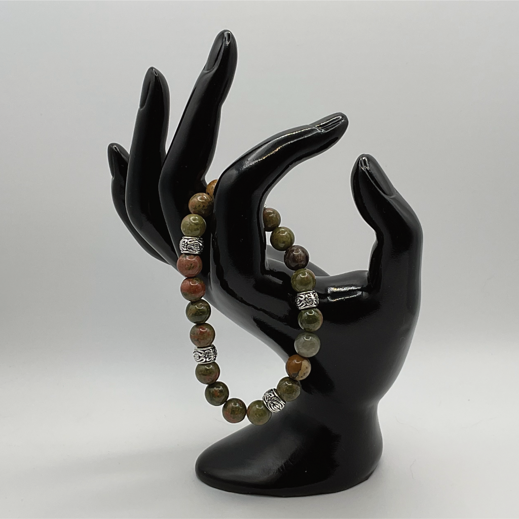 Unakite Bracelet with Silver Tone Barrel Spacers