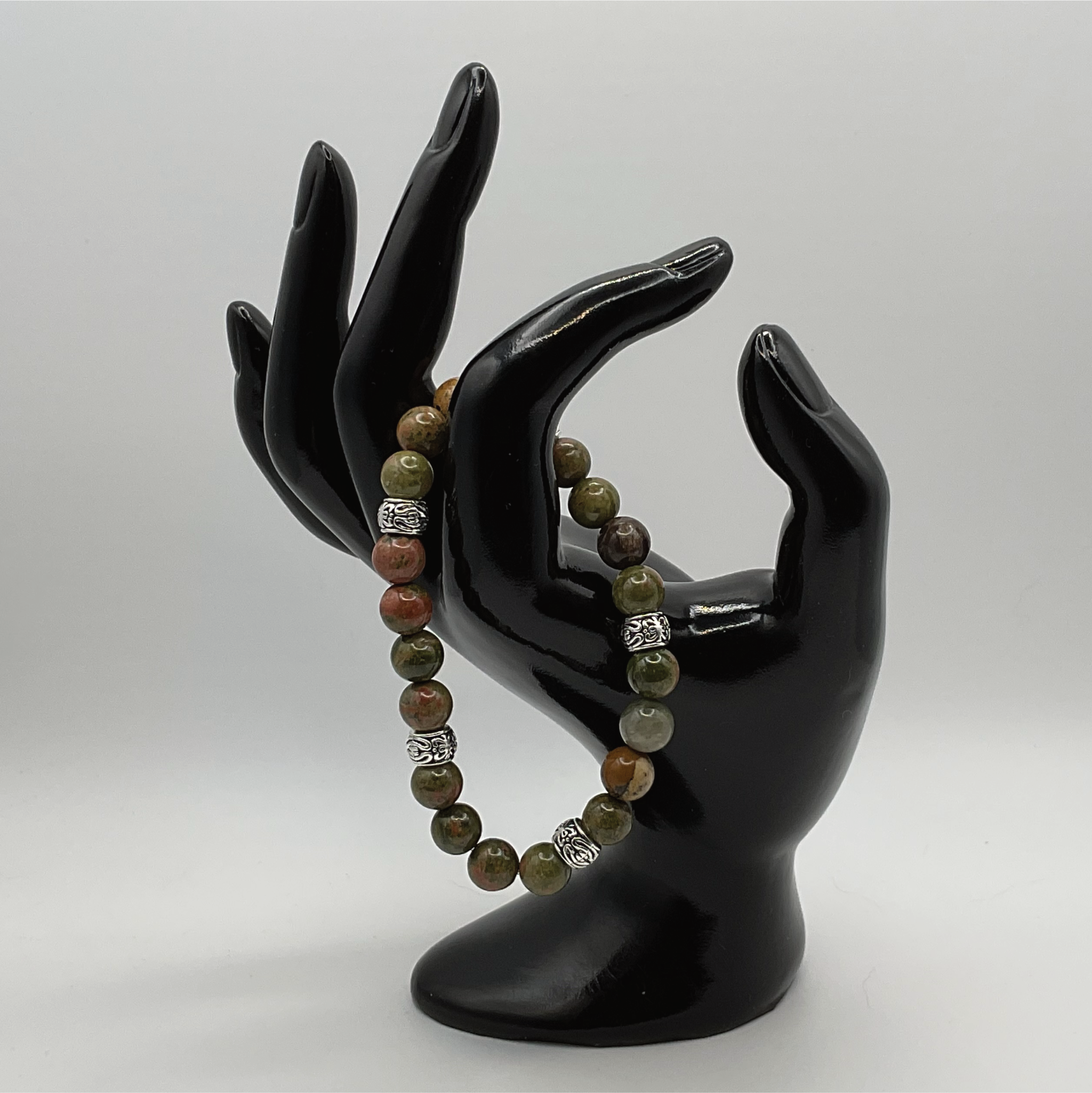 Unakite Bracelet with Silver Tone Barrel Spacers