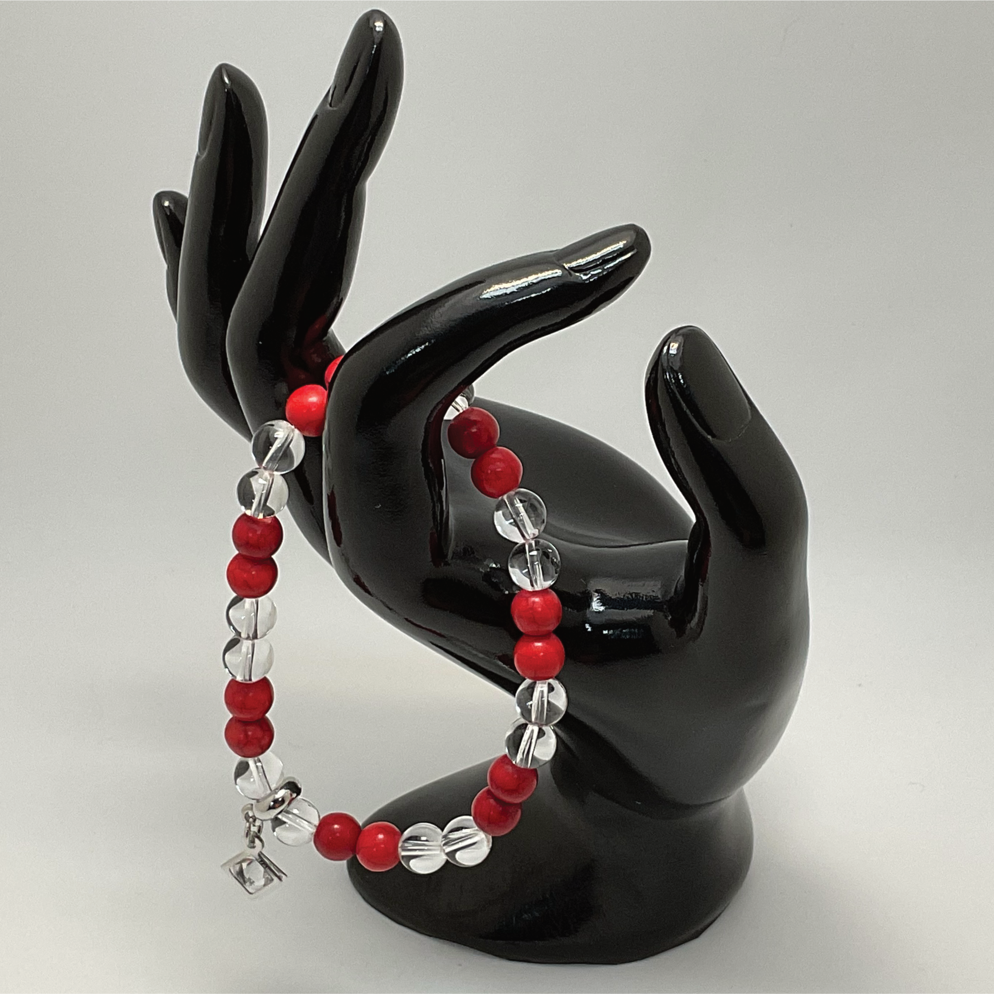 Red Coral Clear Quartz Silver Crystal Charm Bracelet