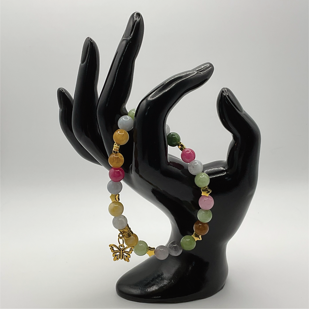 Multi-colored Tourmaline Butterfly Charm Bracelet w/ Gold Tone Spacers