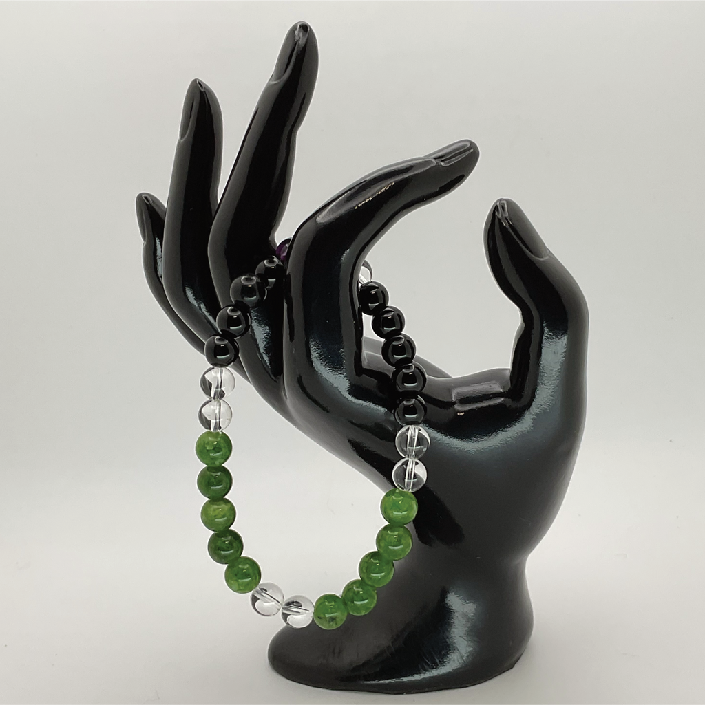 Pulsera de peridoto, ágata negra y cuarzo transparente