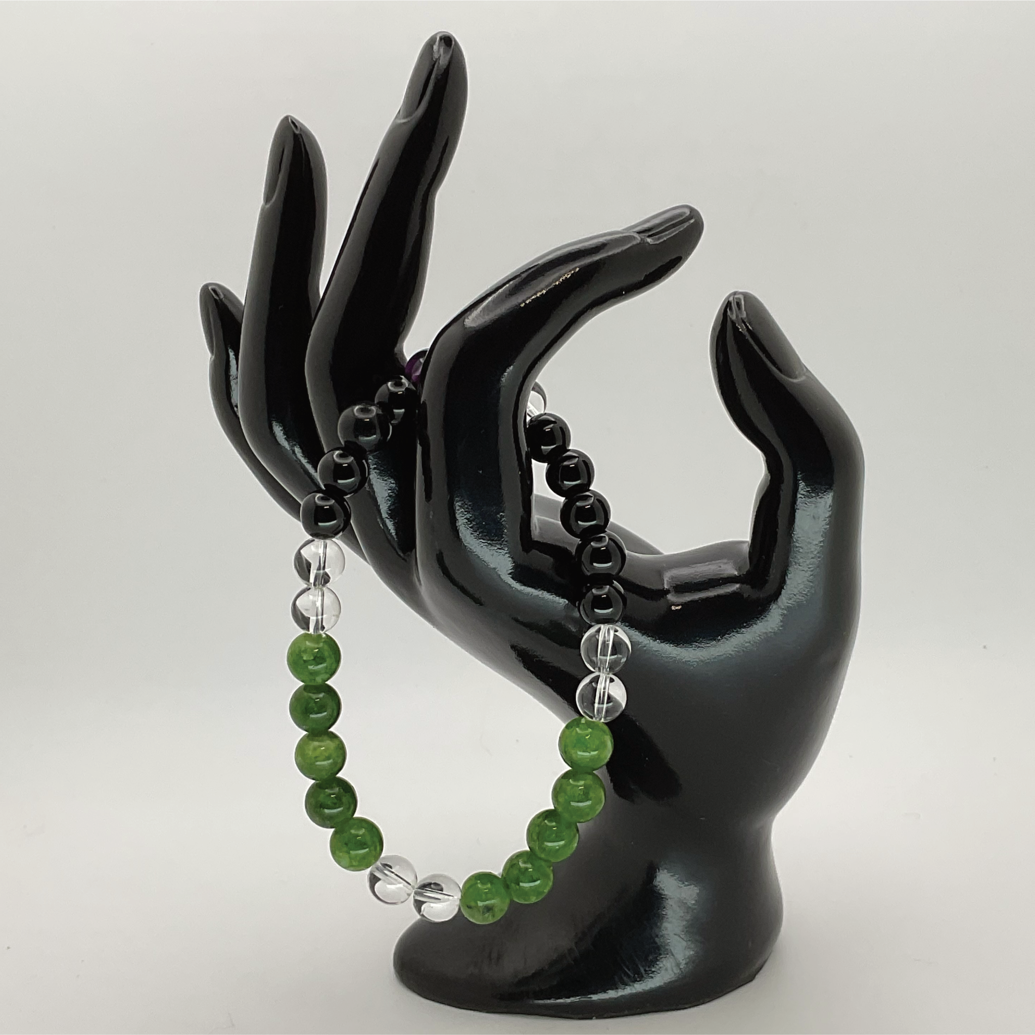 Pulsera de peridoto, ágata negra y cuarzo transparente