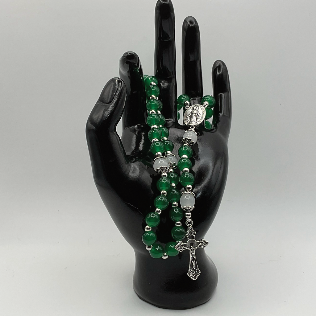 Green White Full 5 Decade Silver Rosary