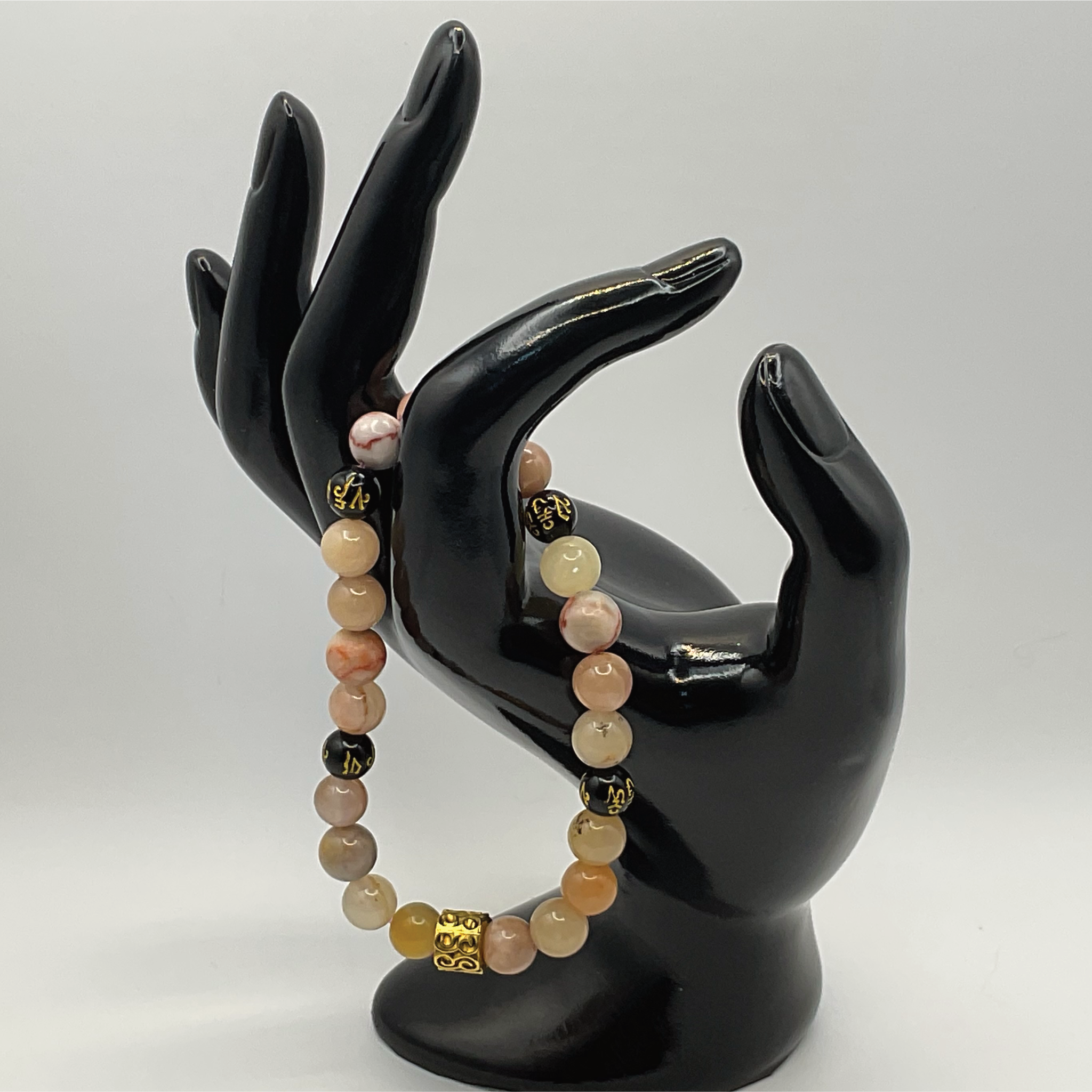 Oriental Agate Pixiu Bracelet with Gold Tone Barrel Spacers