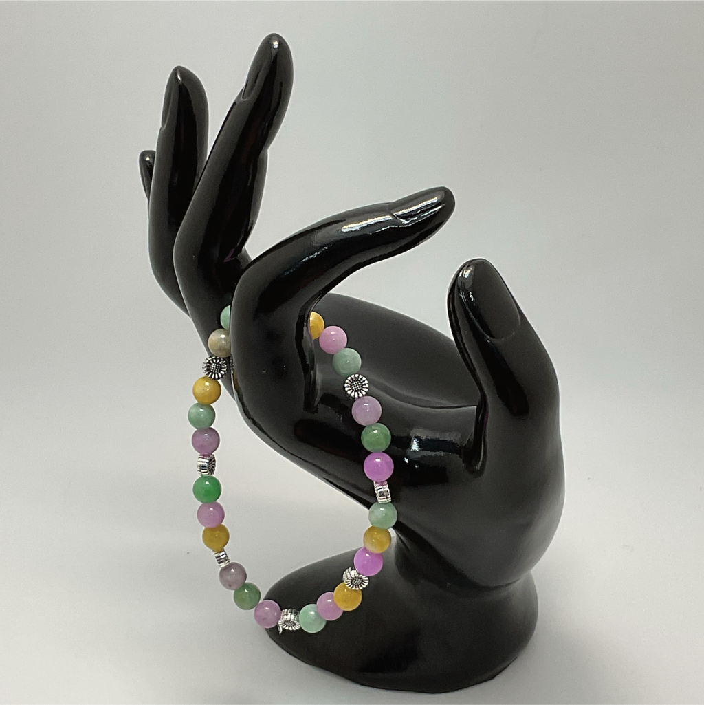 Pulsera de Jaspe Mookaita, Jadeíta y Calcedonia Verde con Separadores de Flores de Plata