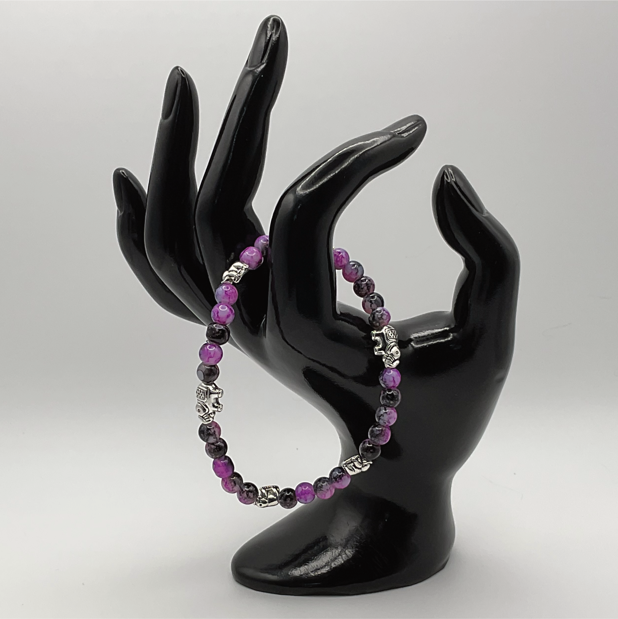 Purple Dragon Vein Agate Silver Elephants Charm Bracelet