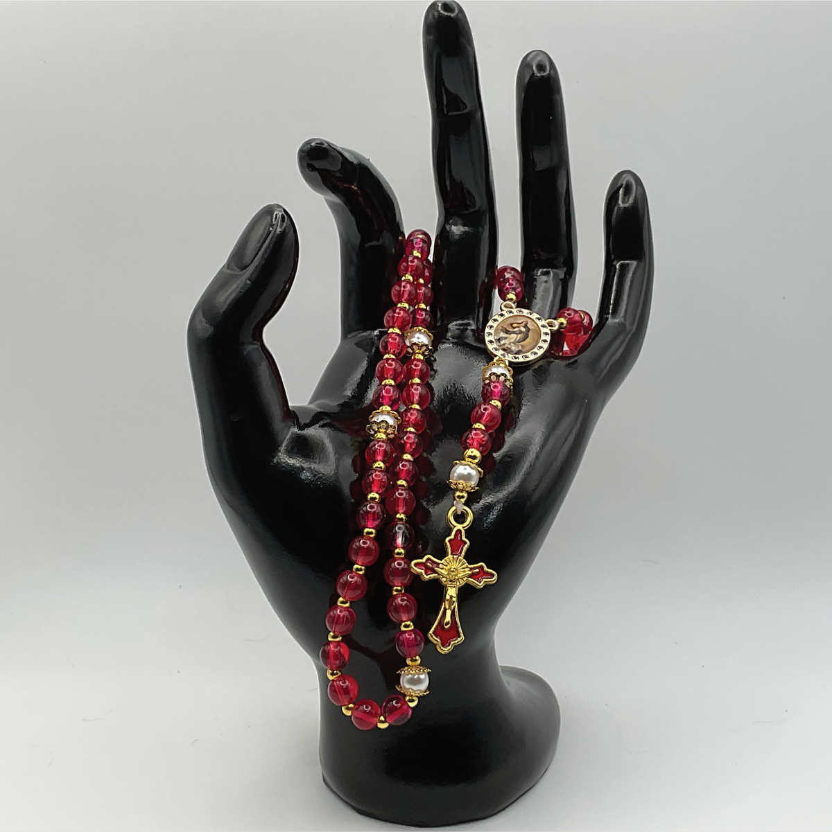 Red Pearl Small Full 5 Decade Gold Rosary