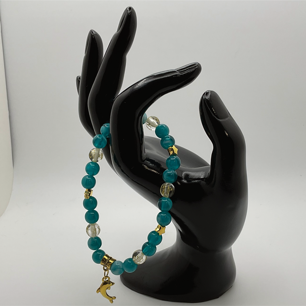 Pulsera con dije de delfín Pixiu de ágata veteada de dragón aguamarina y citrino con espaciadores de estrella dorados