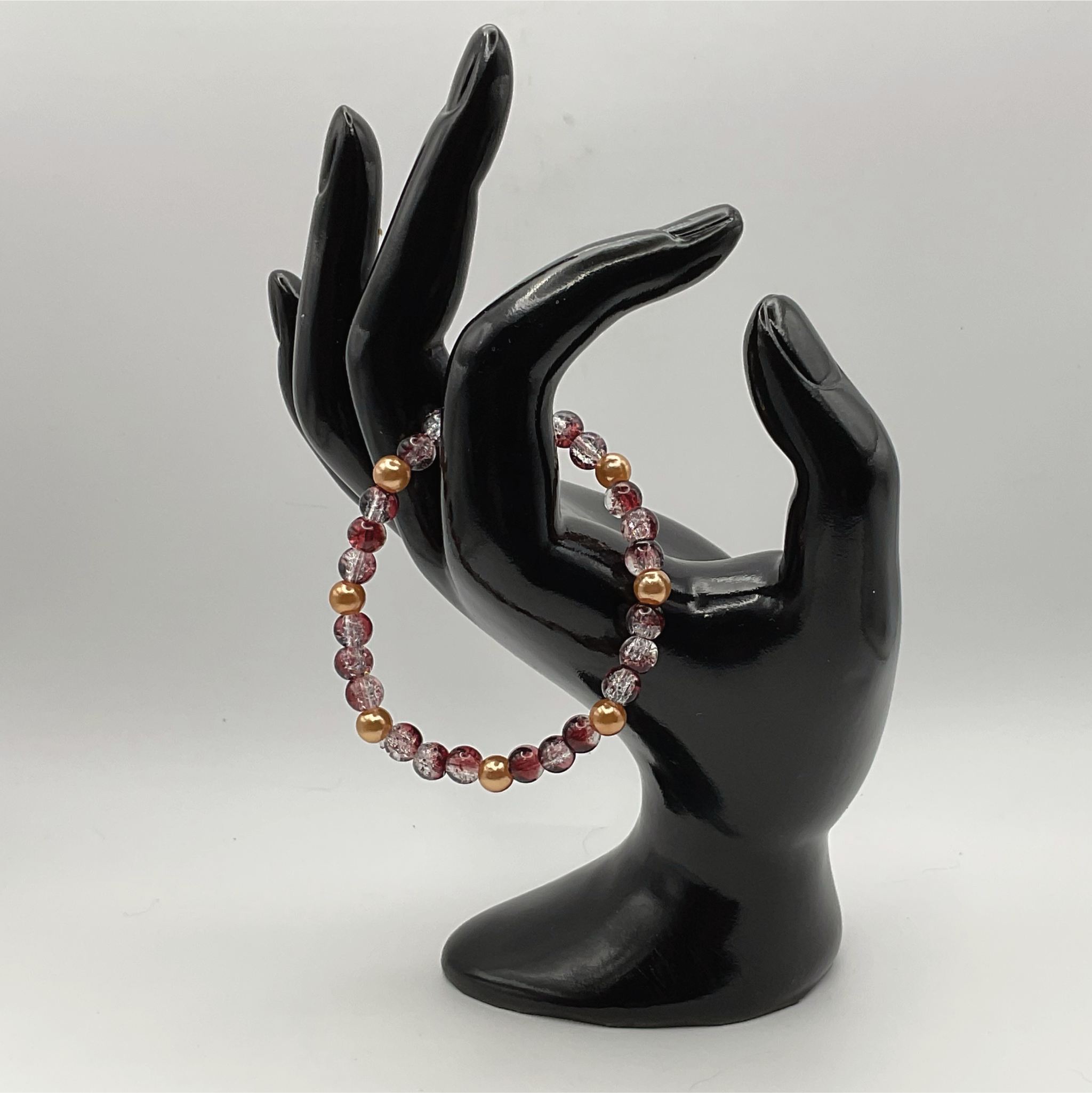 Beige Black Glass Bracelet with Pearl Spacers