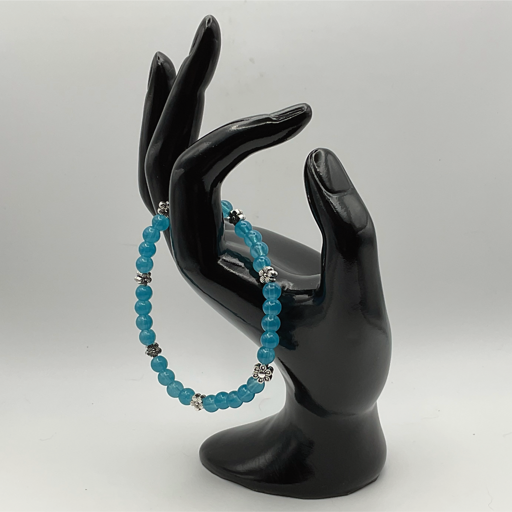 Teal Glass Bracelet with Silver Flower Spacers