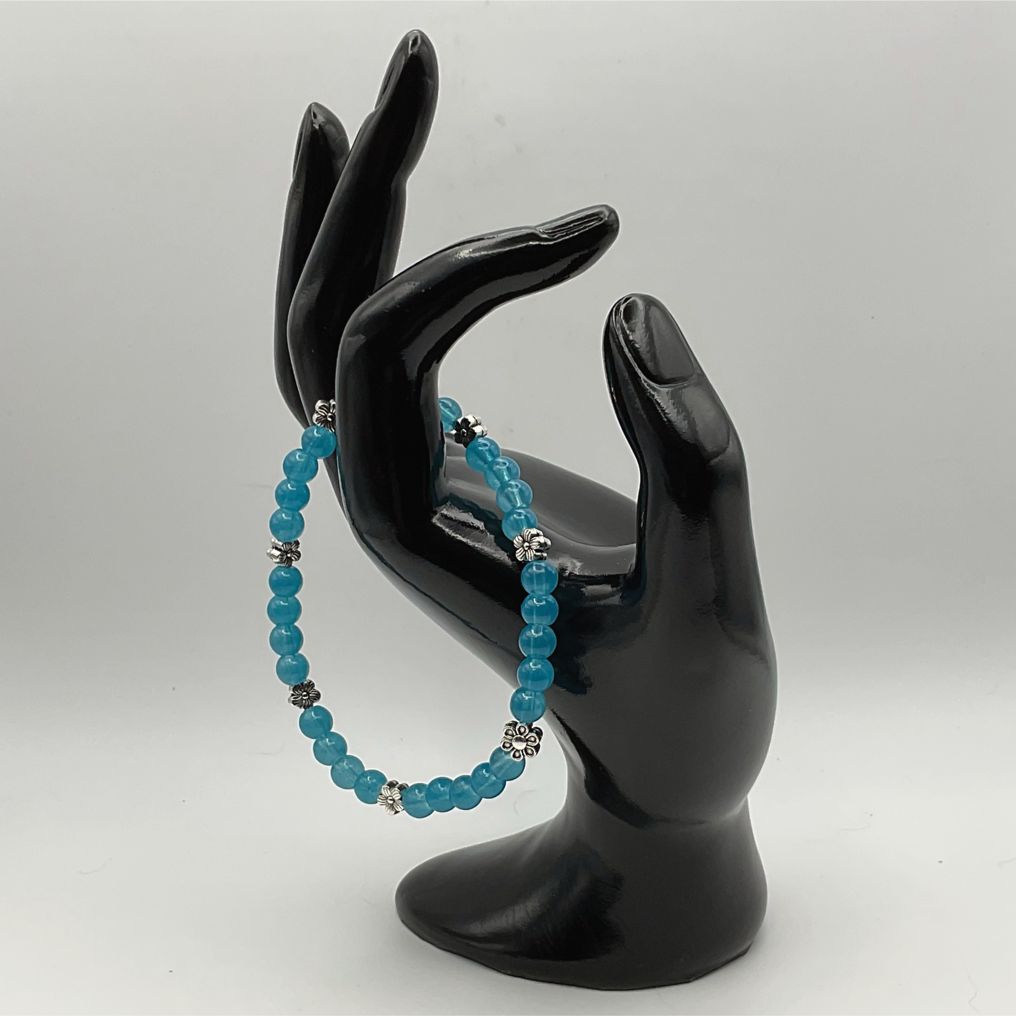 Teal Glass Bracelet with Silver Flower Spacers