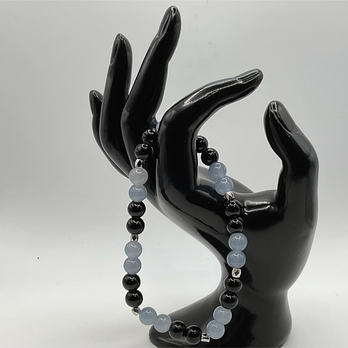 21 cm (8.3") Gray Black Glass Bracelet with Silver Spacers