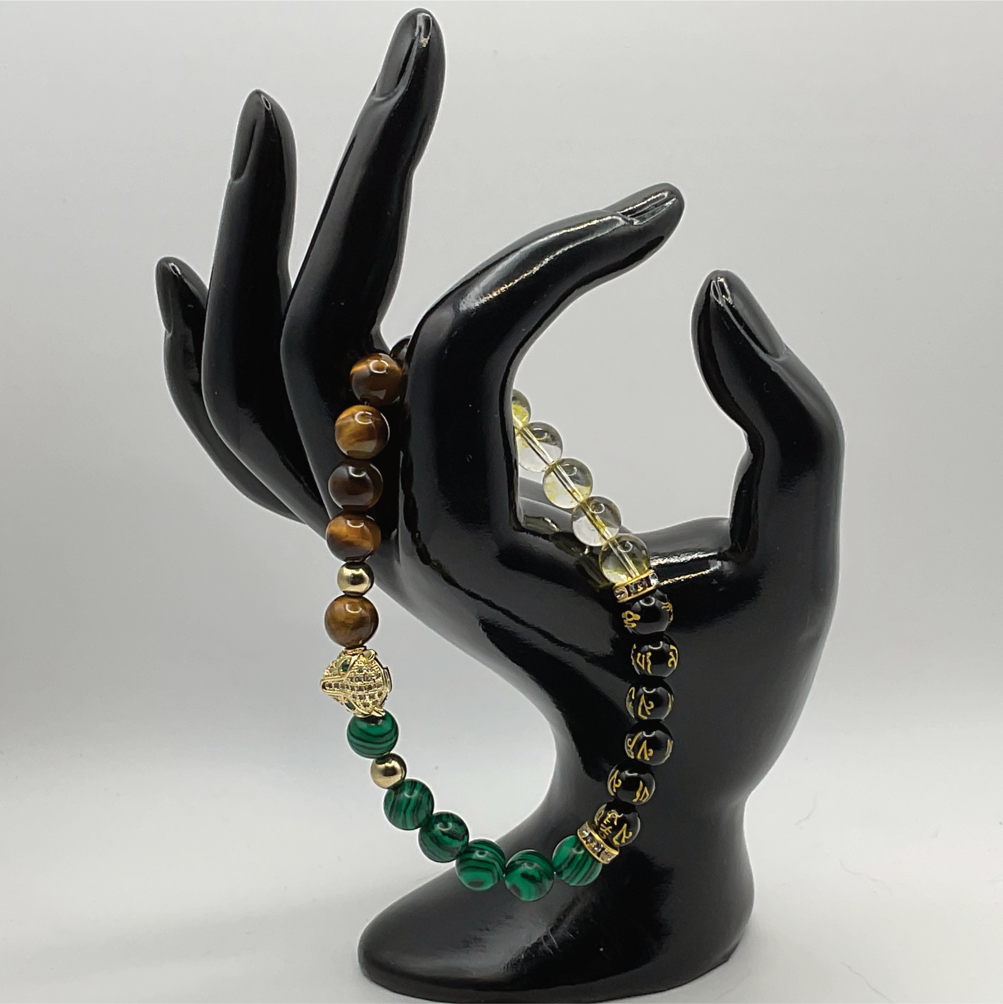Malacite Tiger's Eye Citrine Black Pixiu Panther Charm Bracelet with Gold Tone and Crystal Spacers