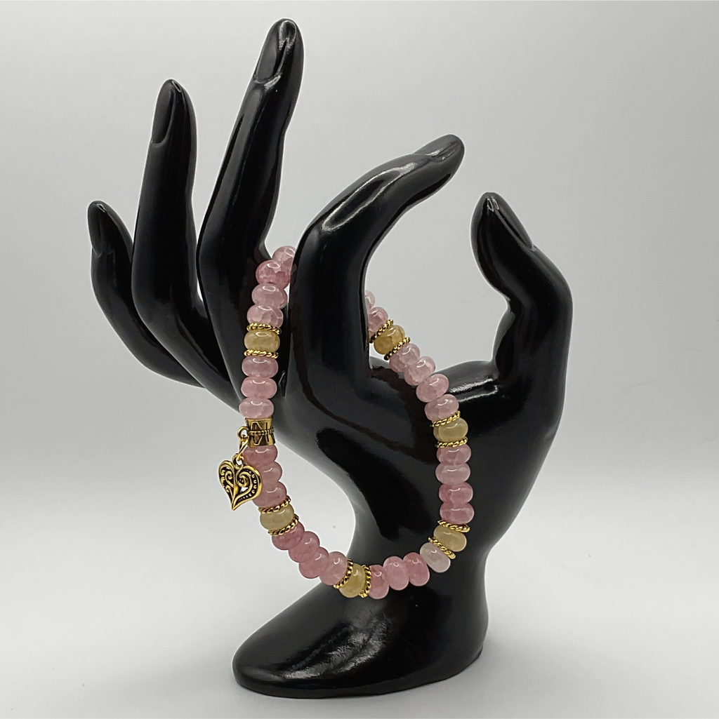 Pink Yellow Tourmaline Heart Charm Bracelet with Gold Tone Spacers