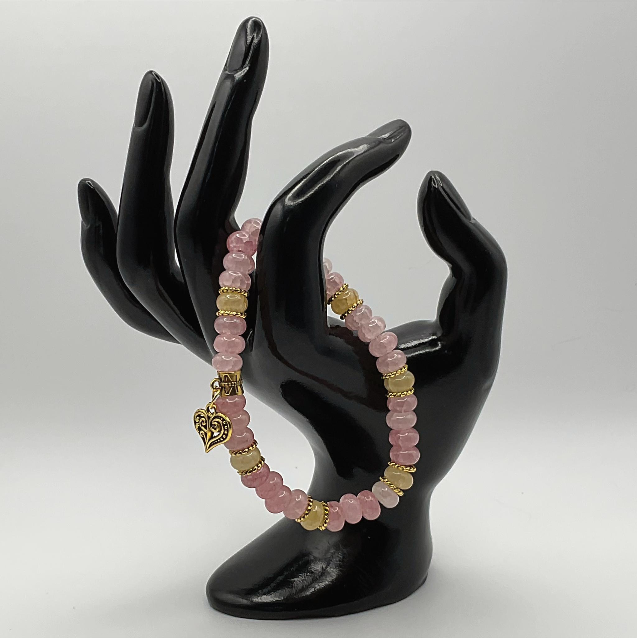 Pink Yellow Tourmaline Heart Charm Bracelet with Gold Tone Spacers