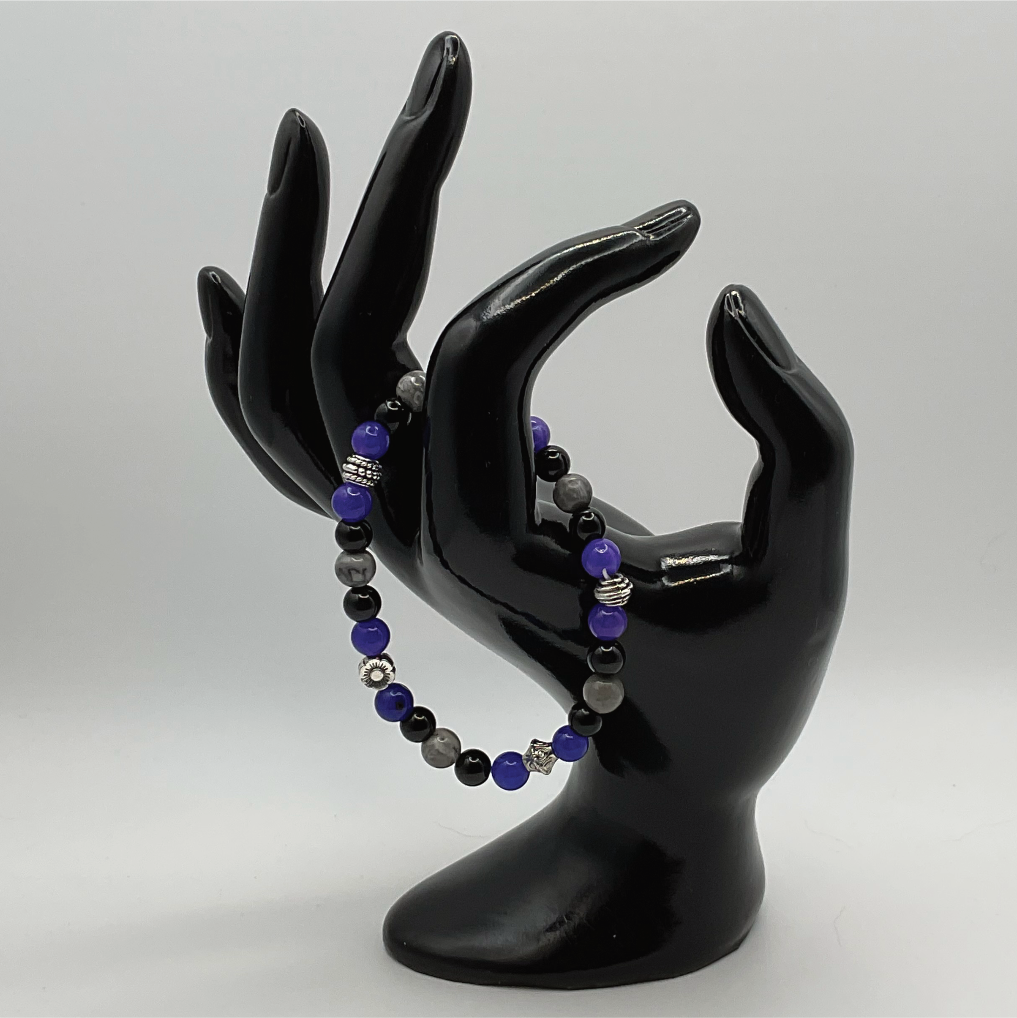 Magnesite Amethyst Black Agate Bracelet with Silver Tone Spacers