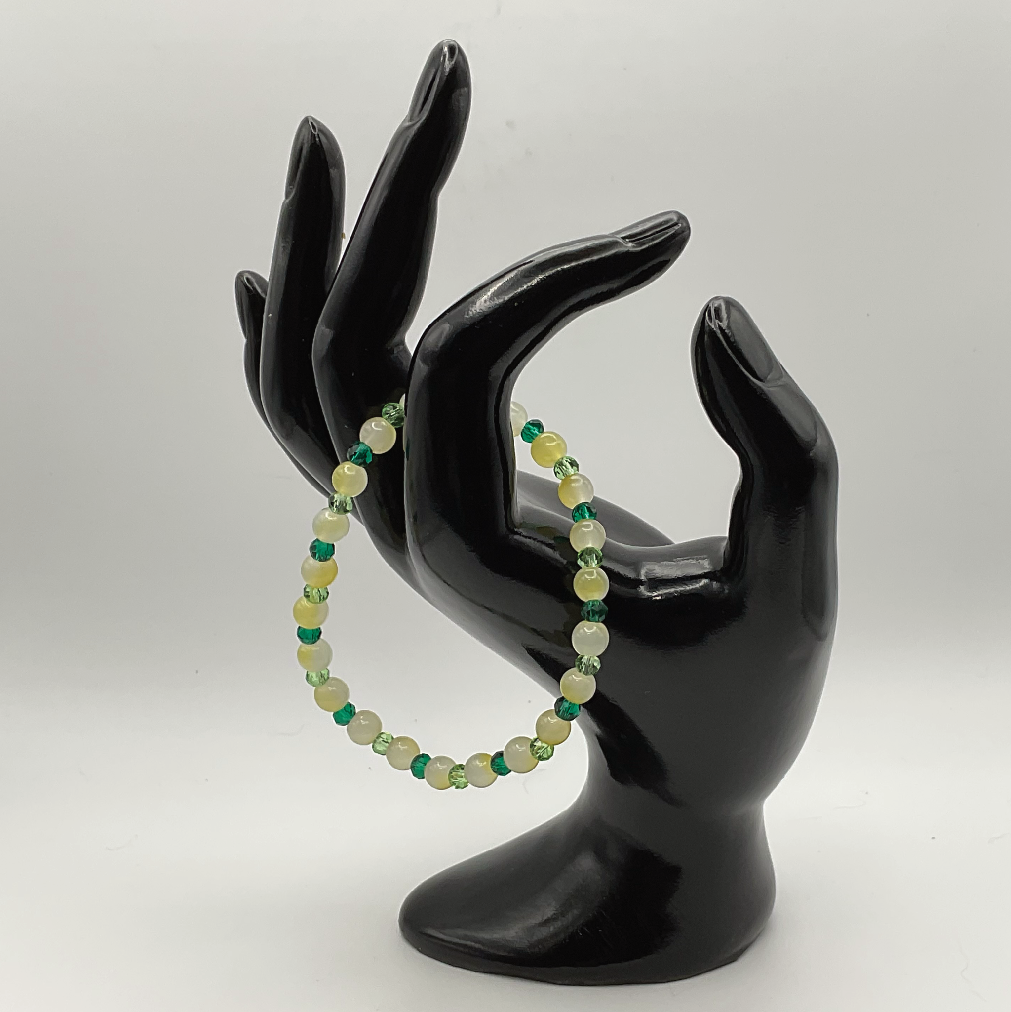 Cloudy Yellow Glass Bracelet with Tiny Green Crystal Spacers