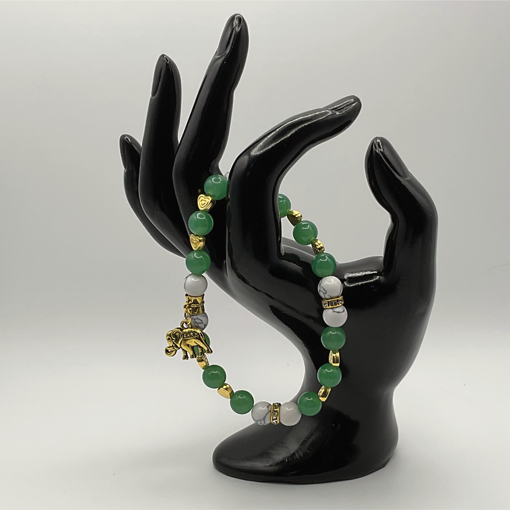 Green Chalcedony Magnesite Elephant Charm Bracelet with Gold Tone Heart Spacers