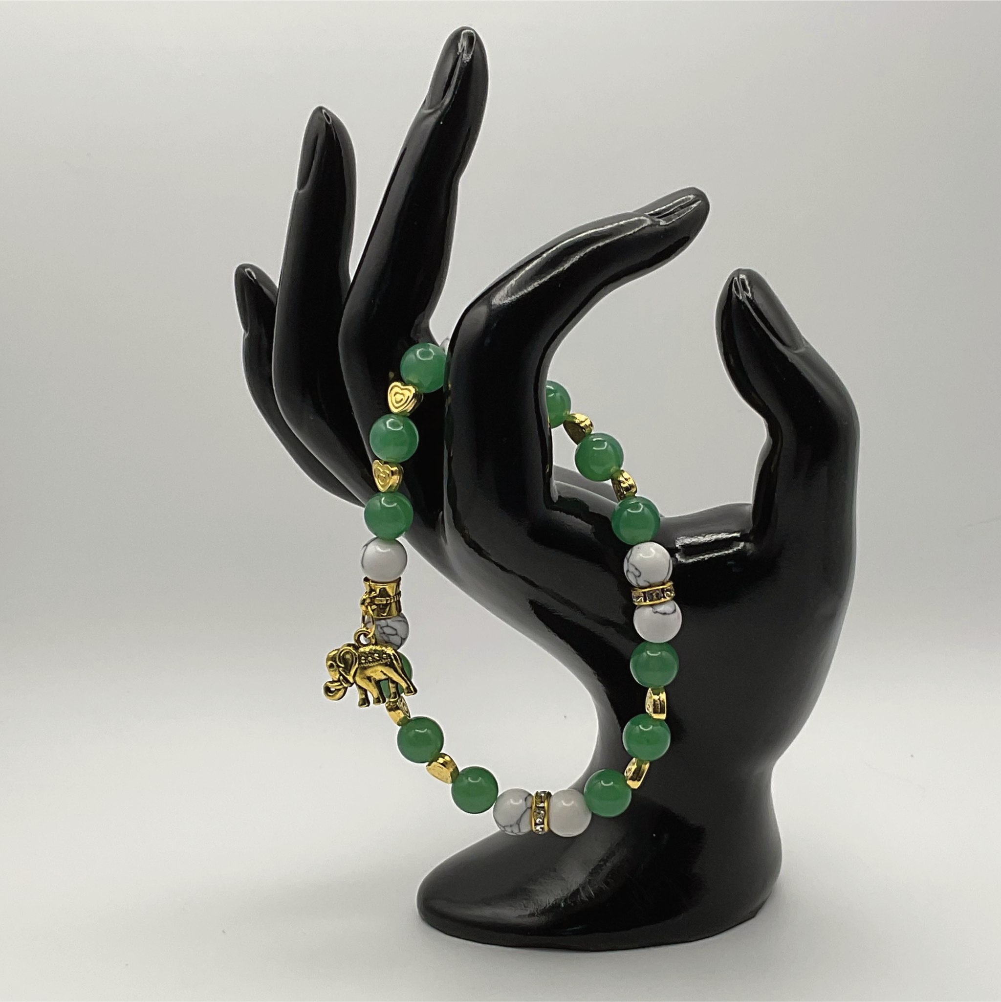 Green Chalcedony Magnesite Elephant Charm Bracelet with Gold Tone Heart Spacers