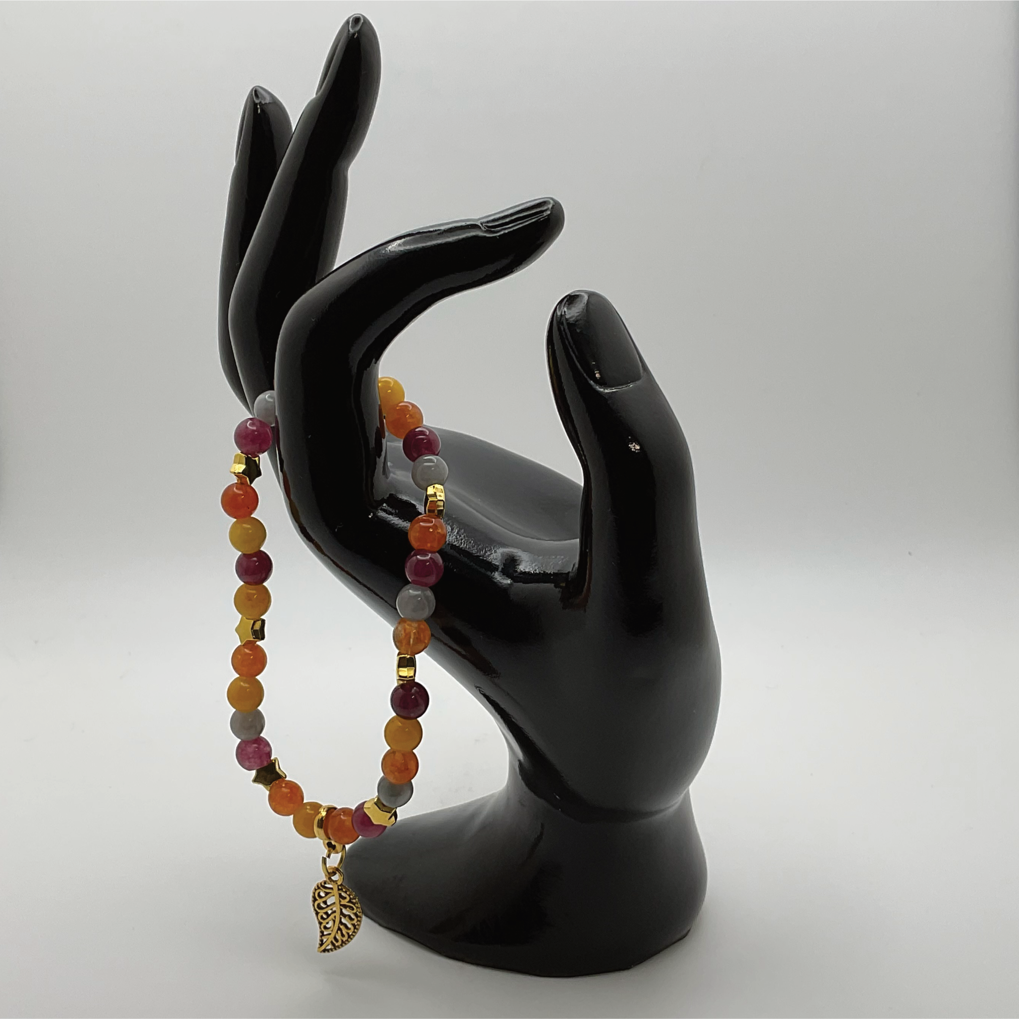 Pulsera de abalorios de hoja de ágata Vena de Dragón Naranja con espaciadores de estrella dorados