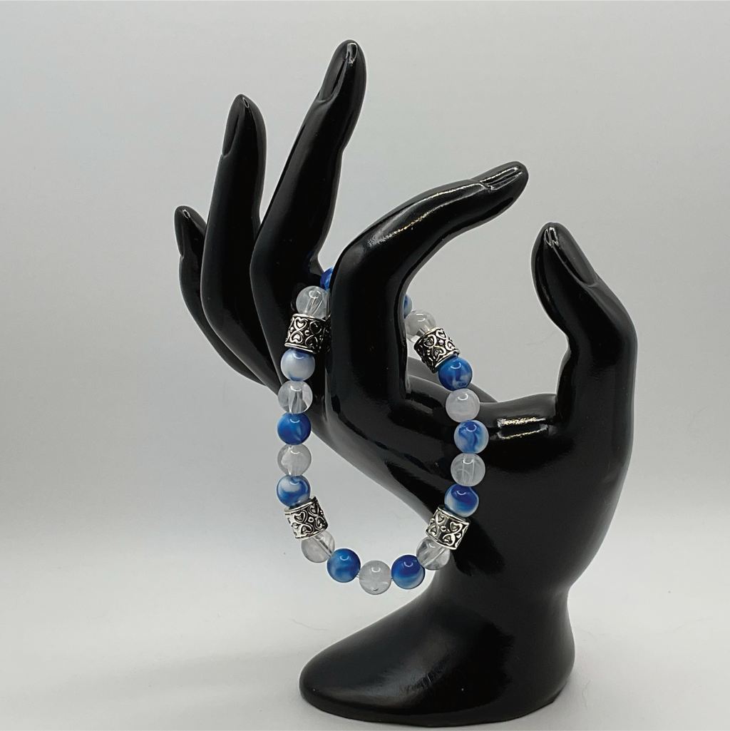 Milky Quartz Blue Dragon Vein Agate Bracelet with Silver Tone Barrel Spacers