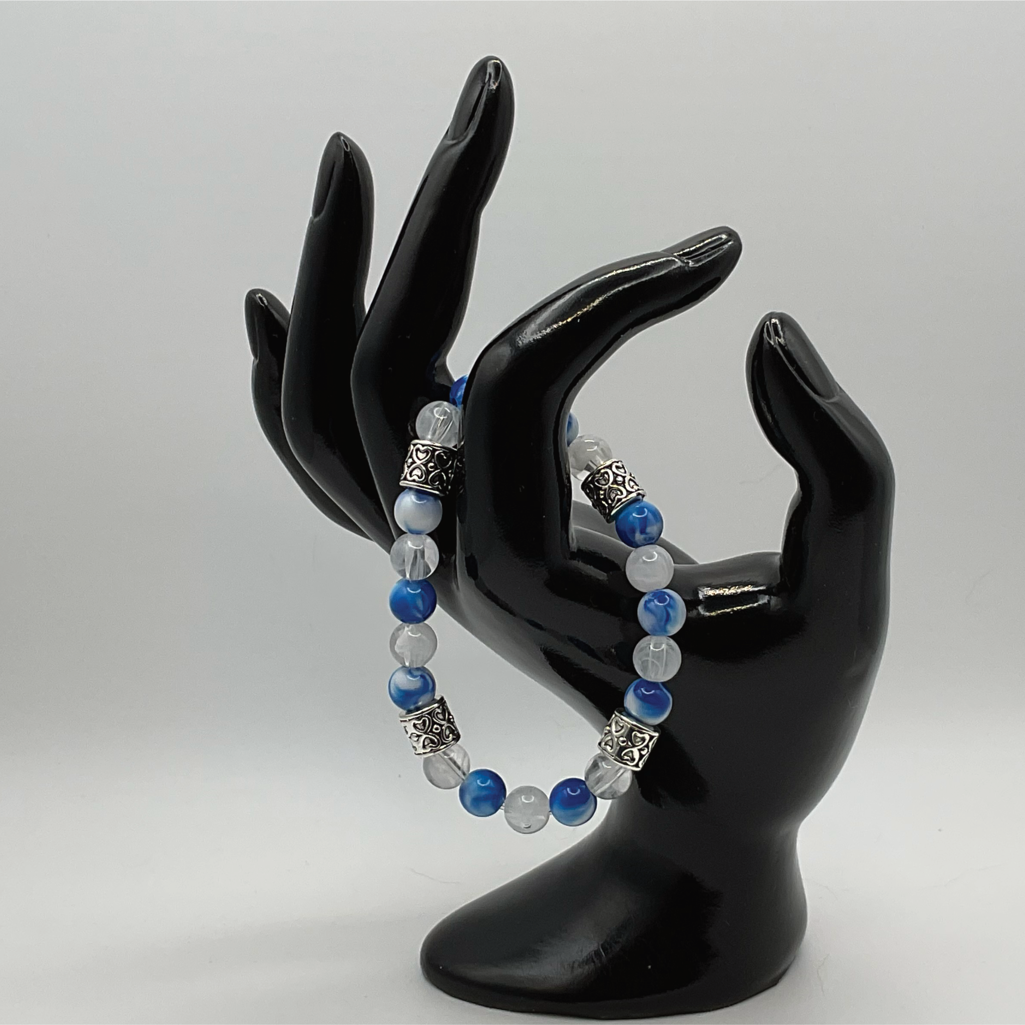 Milky Quartz Blue Dragon Vein Agate Bracelet with Silver Tone Barrel Spacers