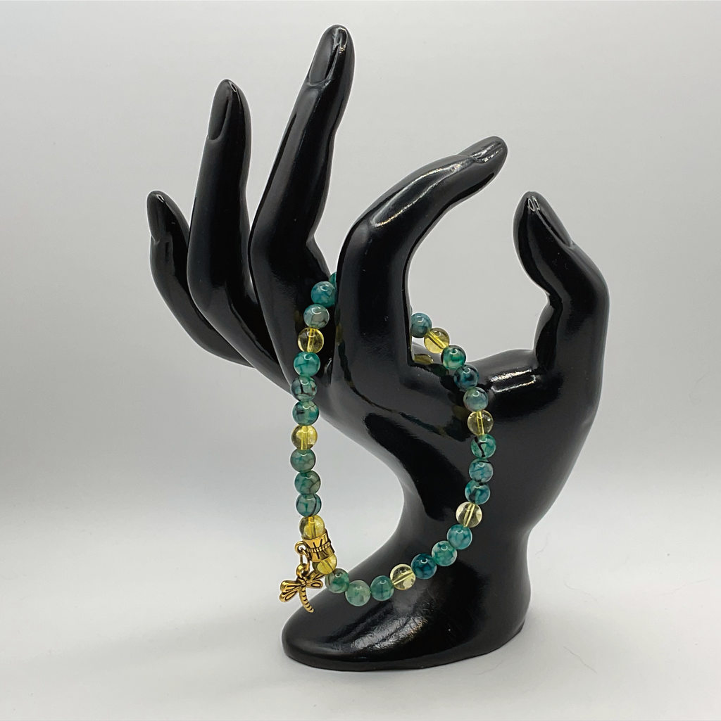 Green Dragon Vein Agate Amber Dragonfly Charm Bracelet