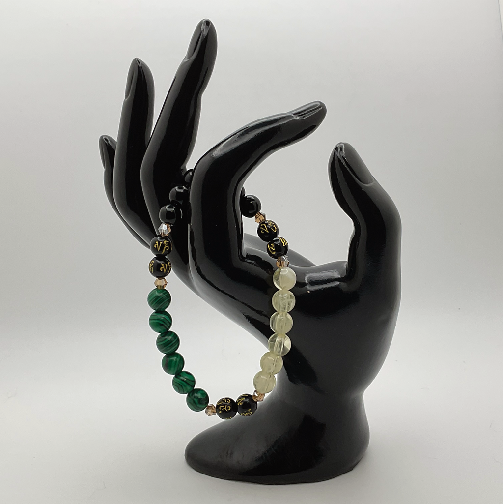Pulsera Pixiu de Prehnita, Ágata Negra, Malaquita y Citrino con Espaciadores de Cristal