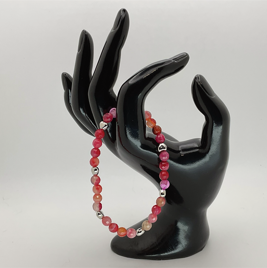 Pink Dragon Vein Agate Bracelet with Silver Heart Spacers