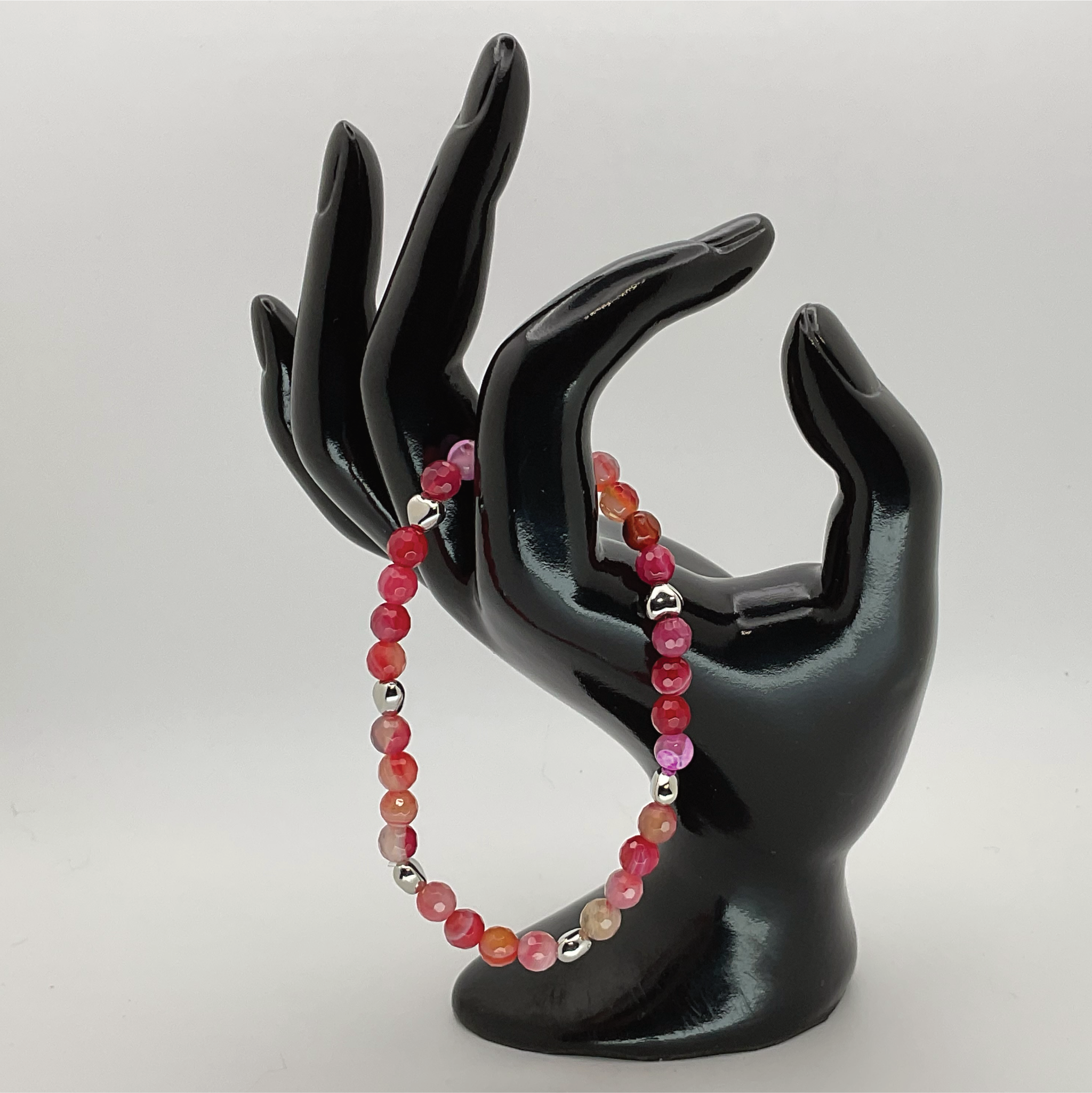 Pulsera de Ágata Vena de Dragón Rosa con Separadores de Corazón de Plata