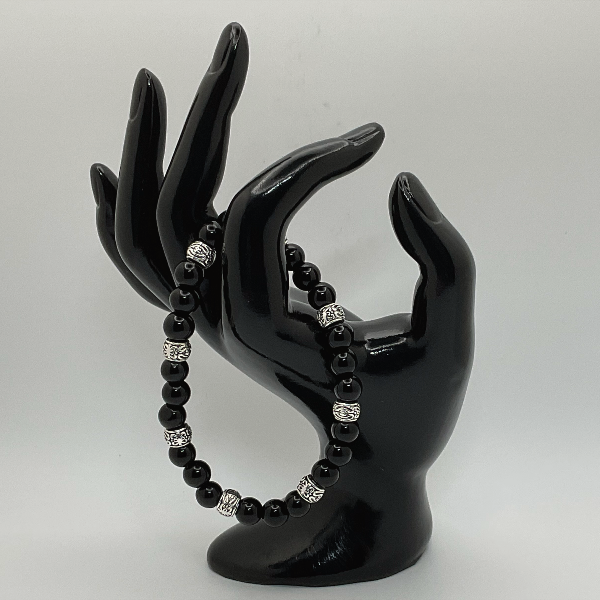 Black Agate Bracelet with Silver Spacers
