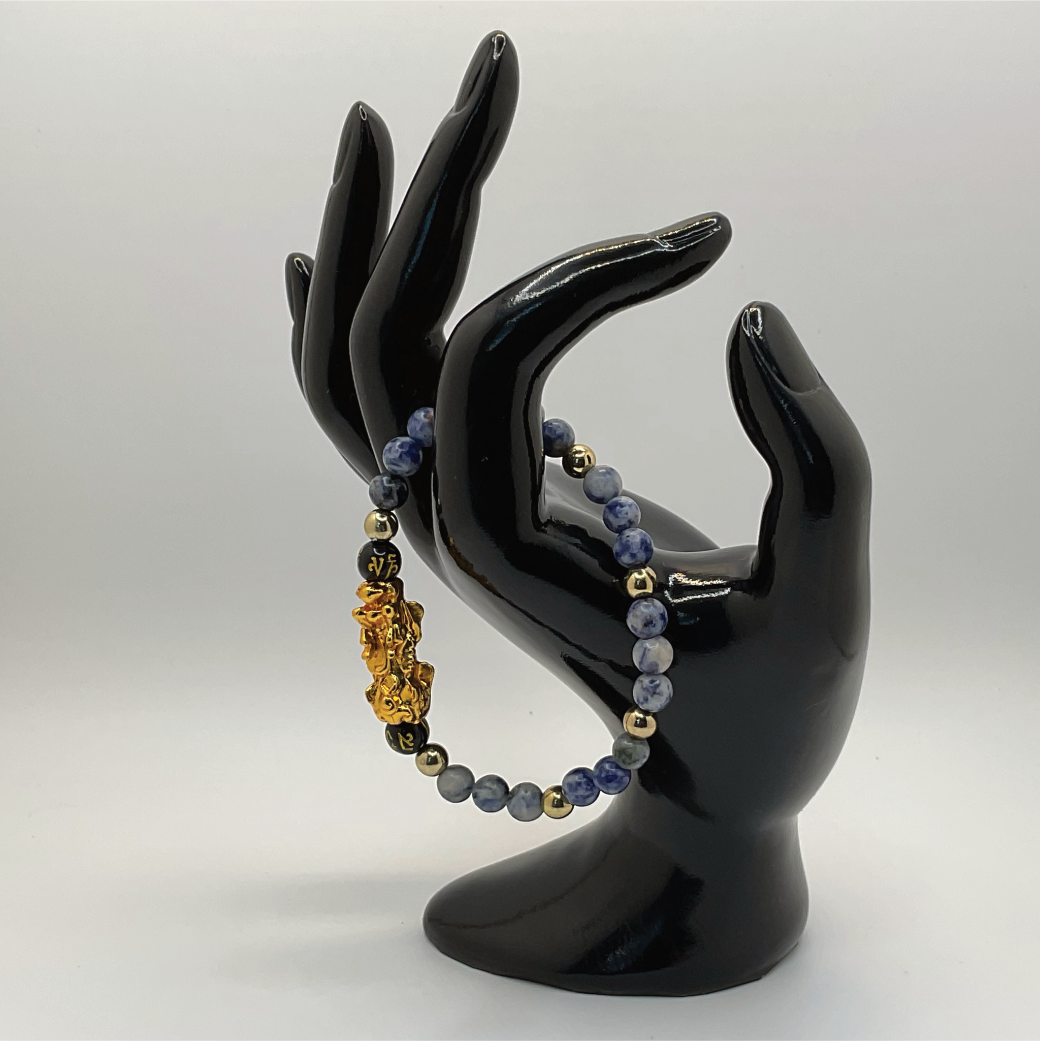 Blue Sodalite Black Pixiu Dragon Charm Bracelet with Gold Spacers
