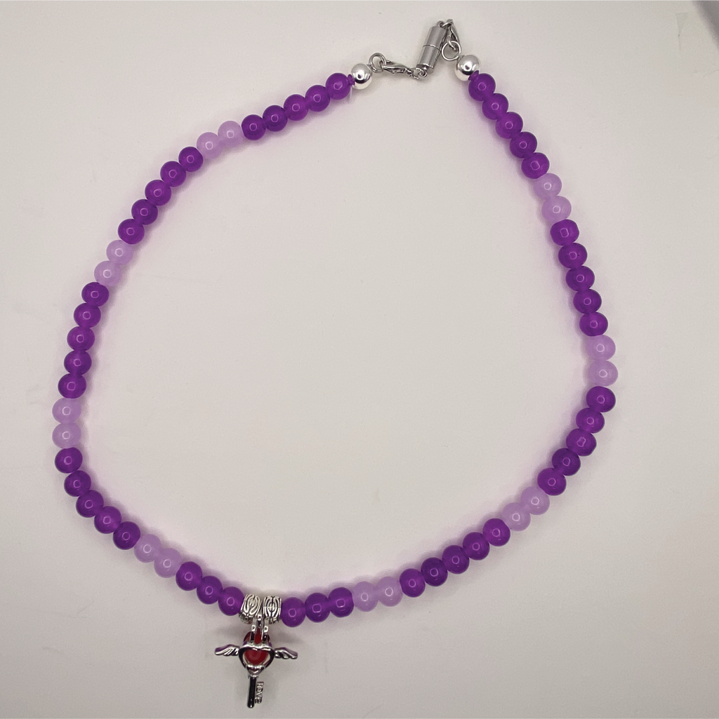 20" Light and Dark Purple Angel Wing Red Gem Key Glass Necklace