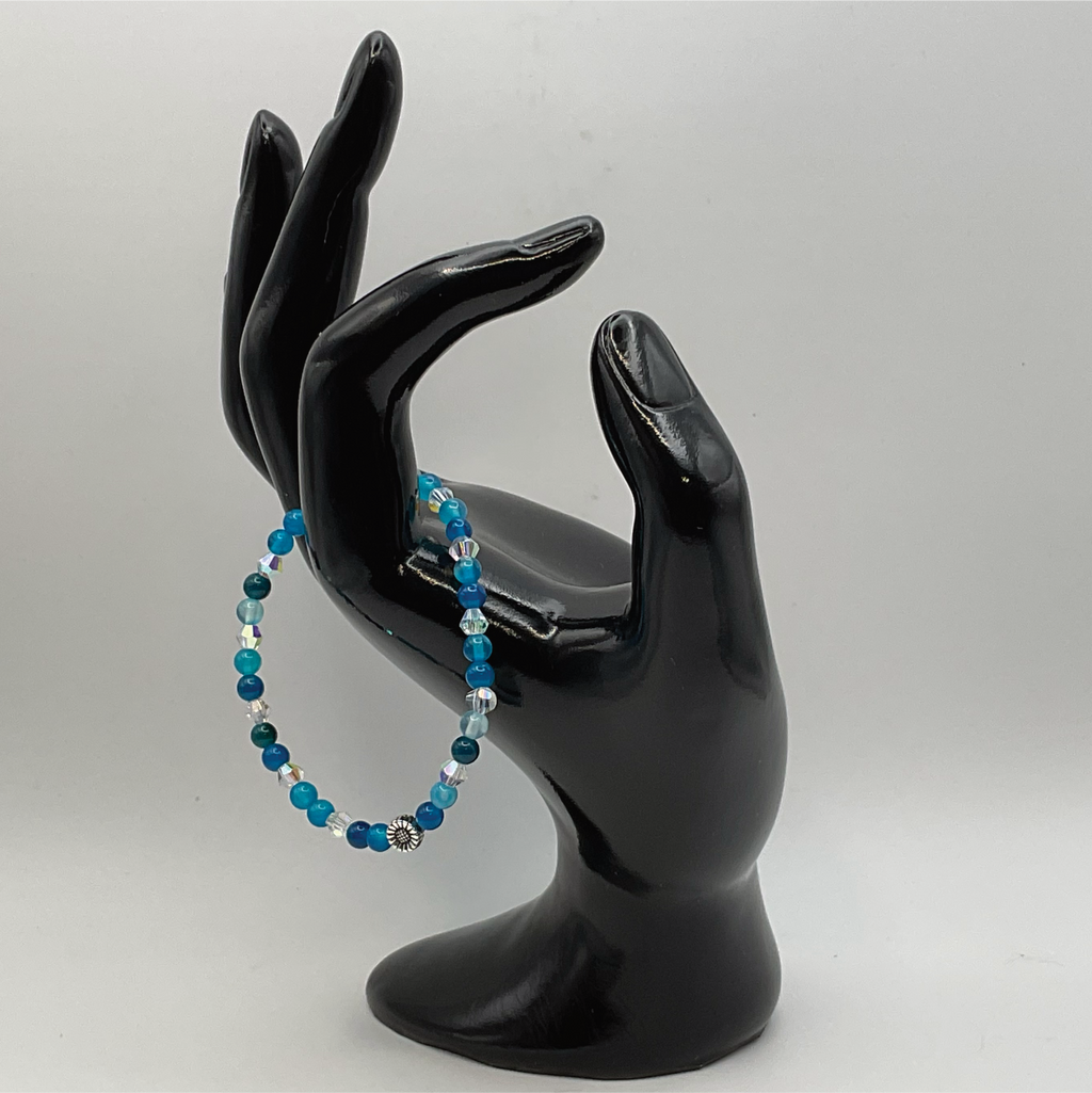 14.5 cm (5.7") Blue Dragon Vein Agate Silver Flower Bracelet with Crystal Spacers