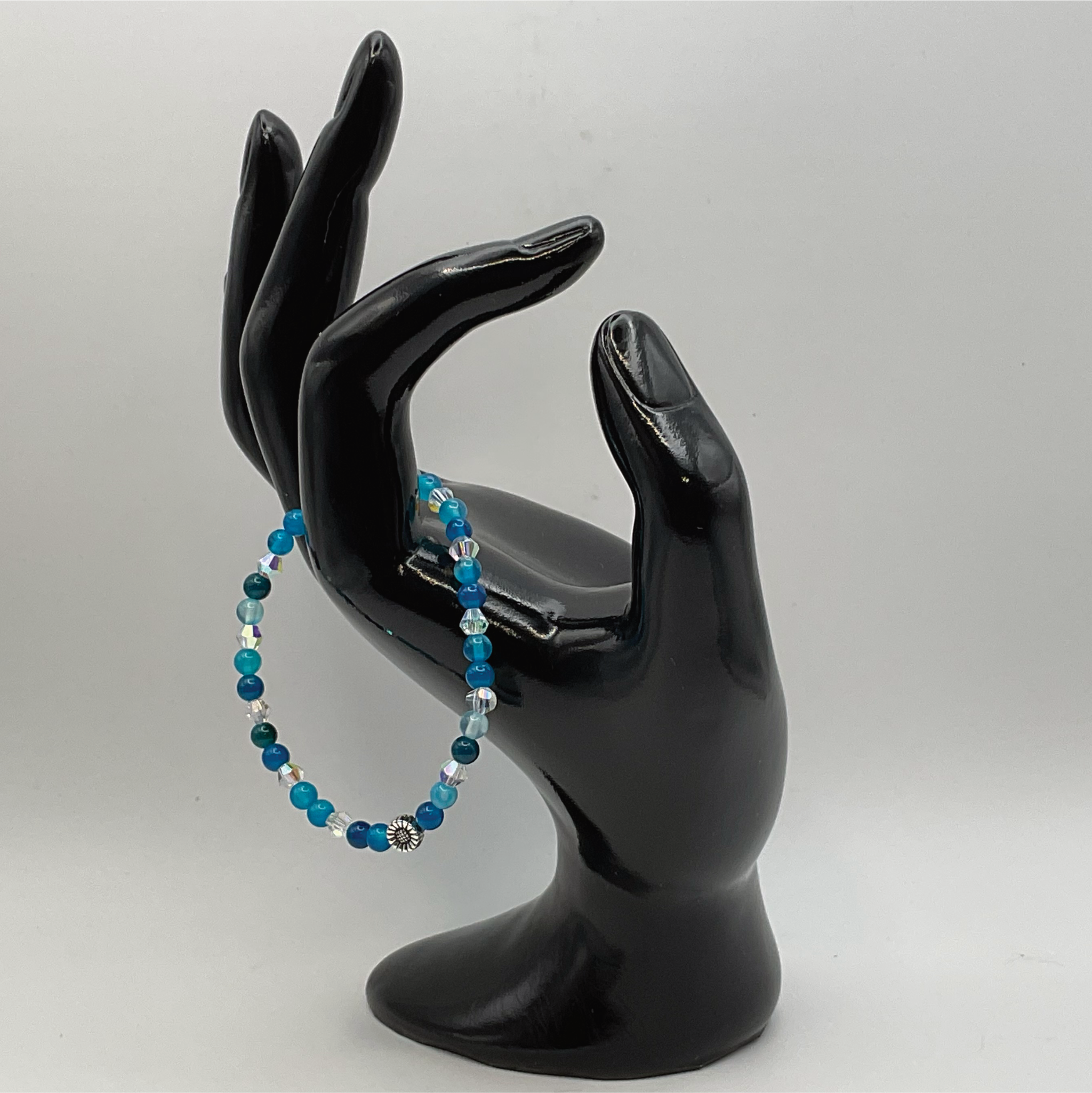 14.5 cm (5.7") Blue Dragon Vein Agate Silver Flower Bracelet with Crystal Spacers