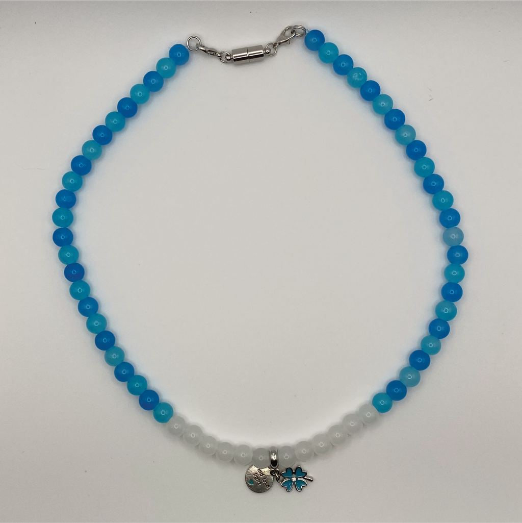 18" Multi-Blue Milky White Blue Heart Flower Charm Glass Necklace