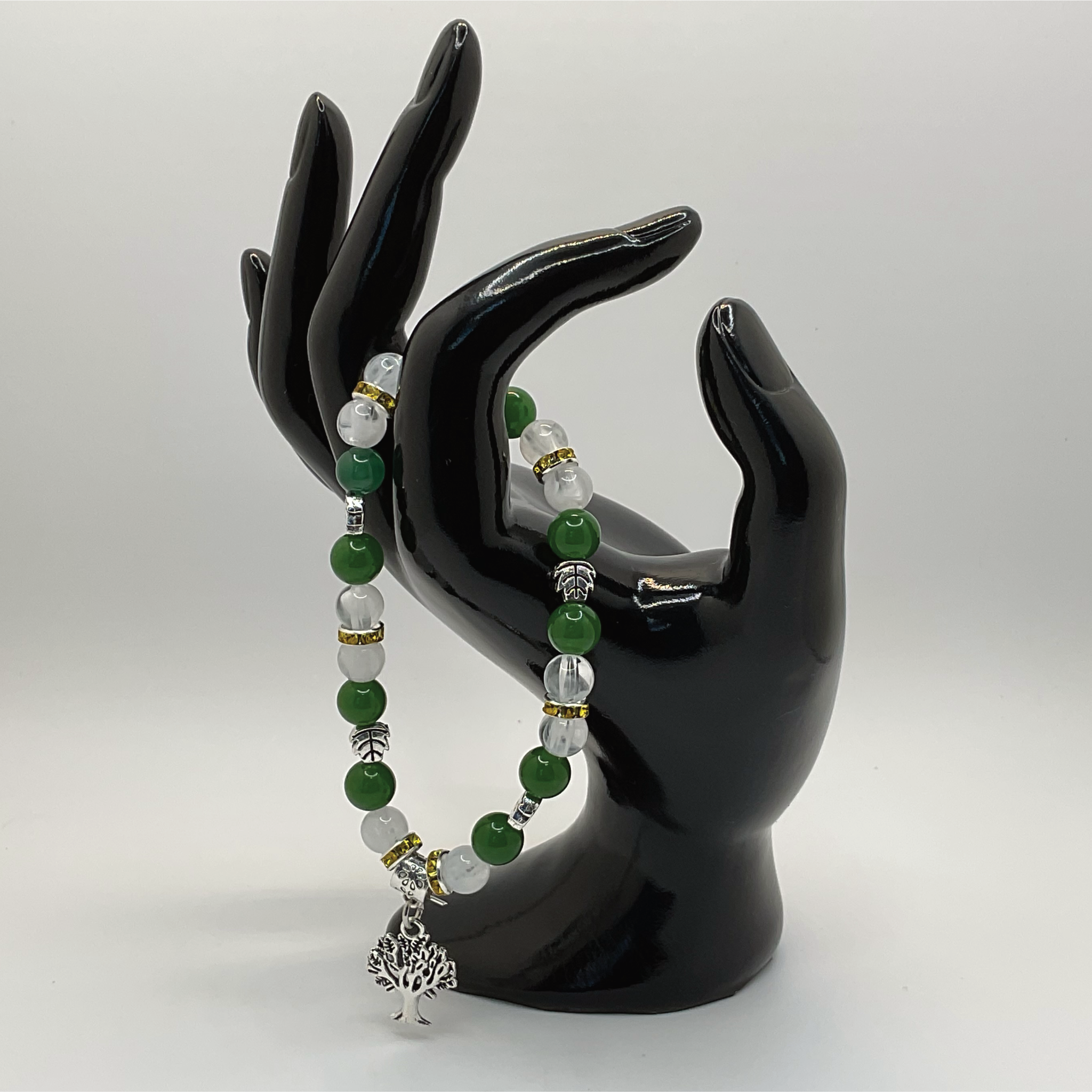Green Chalcedony Milky Quartz Tree of Life Charm Bracelet with Yellow Crystal Silver Spacers