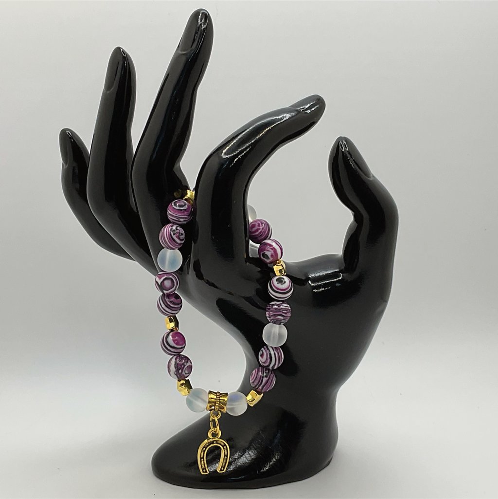 Chevron Amethyst Cloudy Sea Glass Horseshoe Charm Bracelet with Gold Star Spacers