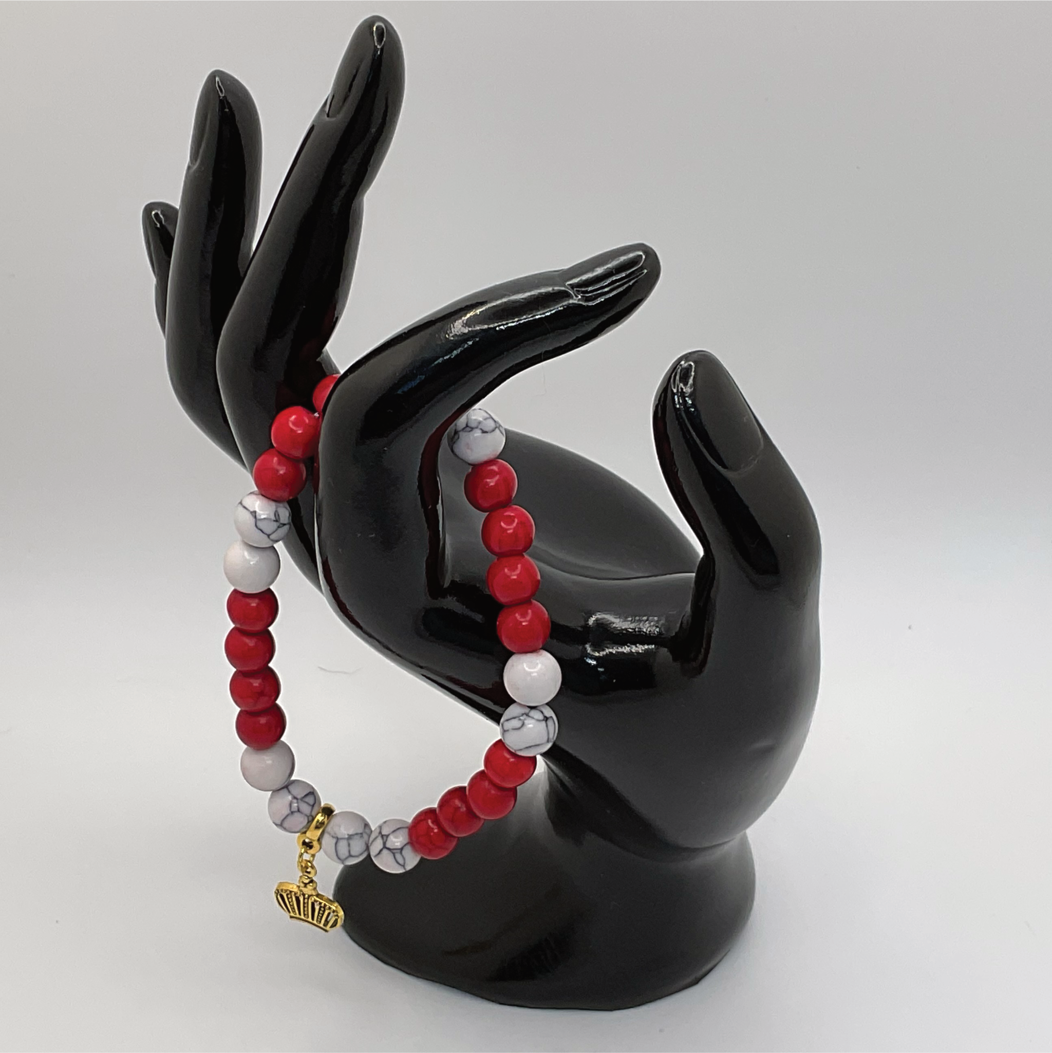 Red White Howlite Crown Charm Bracelet