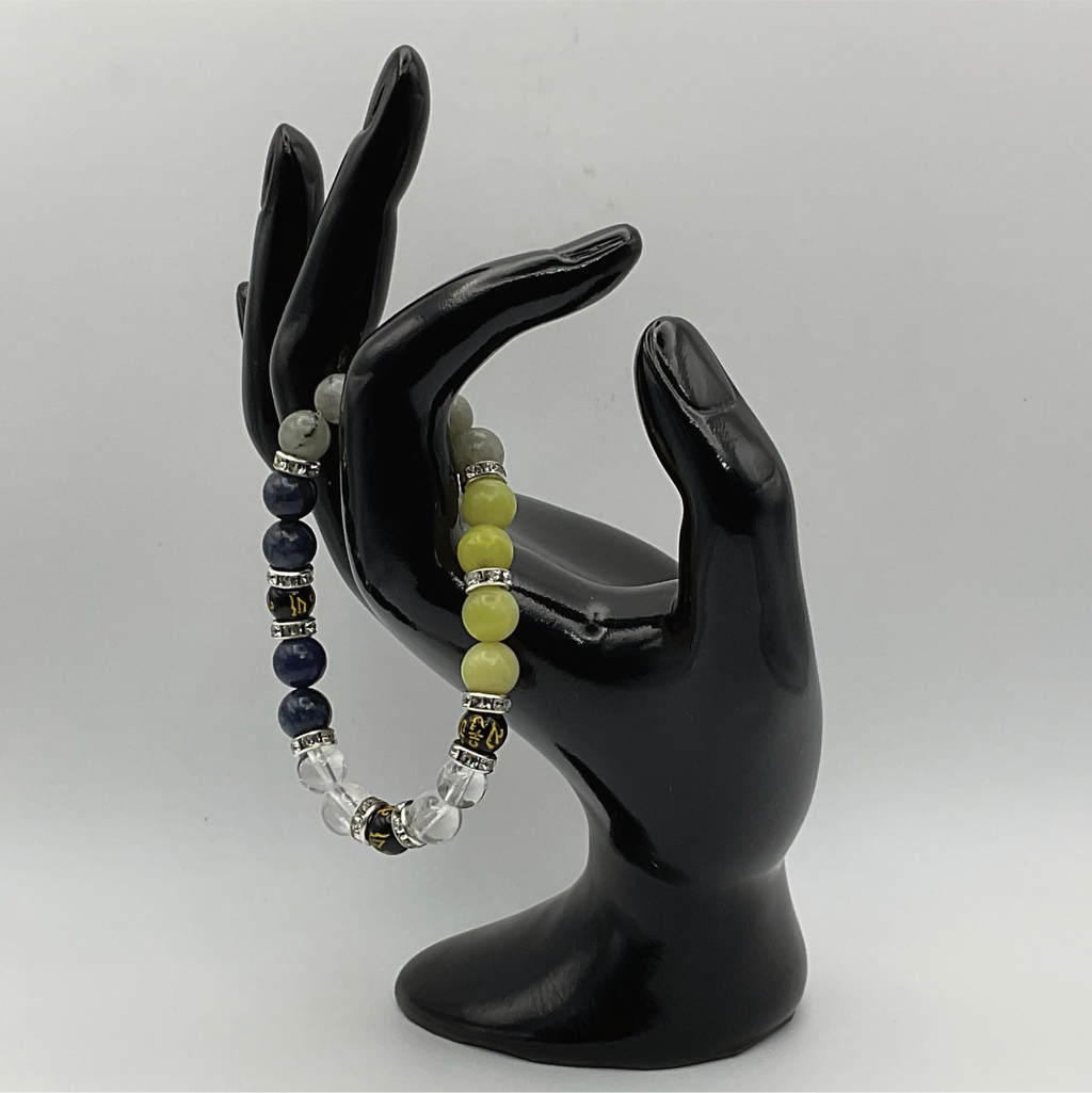 Pulsera Pixiu de Ágata Limón, Jaspe Azul, Cuarzo Transparente y Ónix con Separadores de Cristal