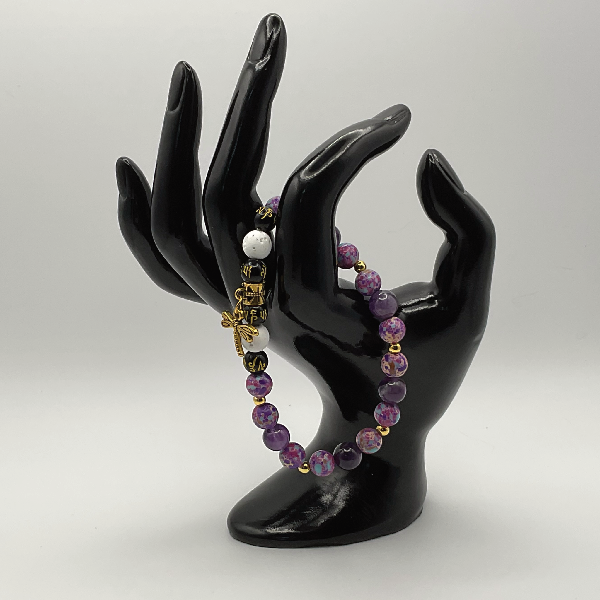 Amethyst Blue Purple Dragon Vein Agate Magnesite Pixiu Dragonfly Charm Bracelet