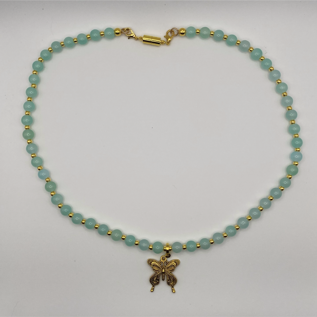 20" Light Green Butterfly Charm Glass Necklace with Gold Spacers