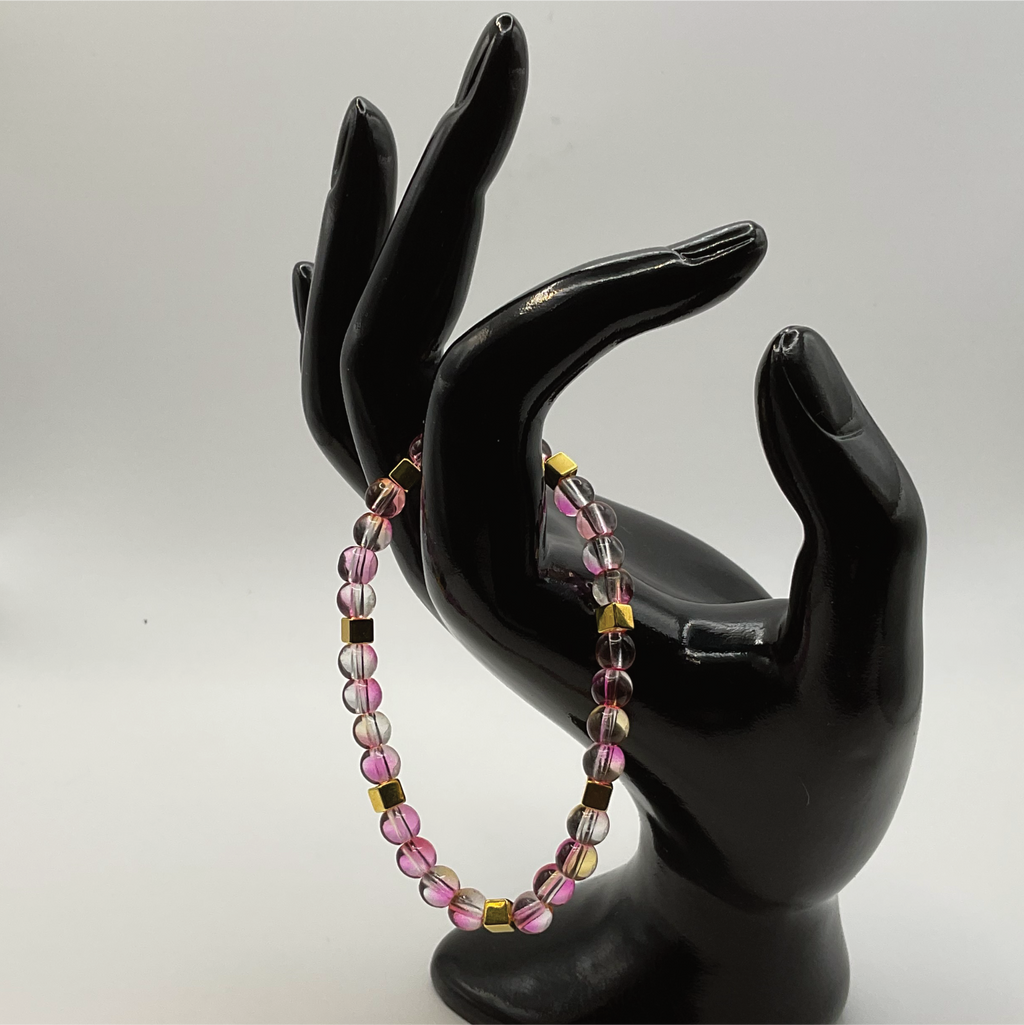 Yellow Pink Clear Glass Bracelet with Gold Square Spacers