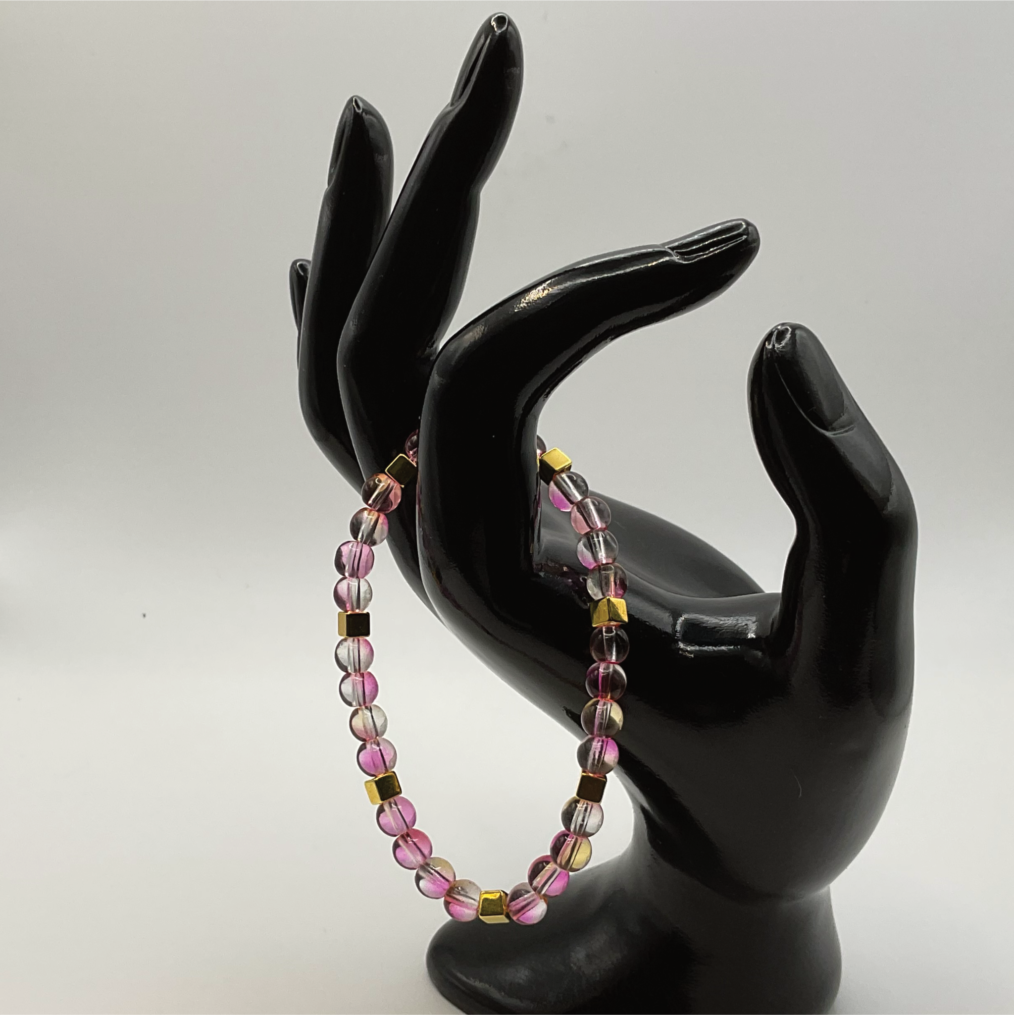 Yellow Pink Clear Glass Bracelet with Gold Square Spacers