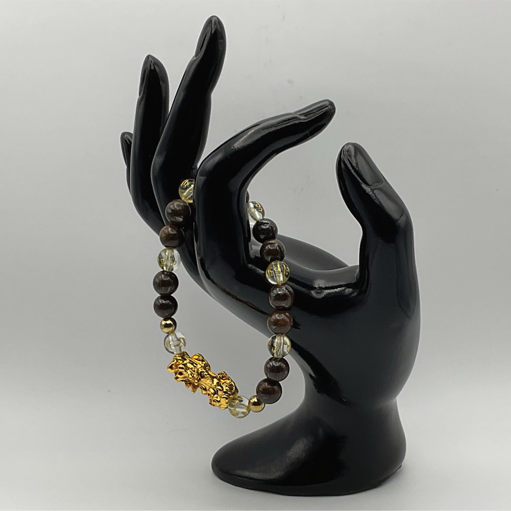 Brown Jasper Clear Quartz Pixiu Dragon Charm Bracelet with Gold Spacers